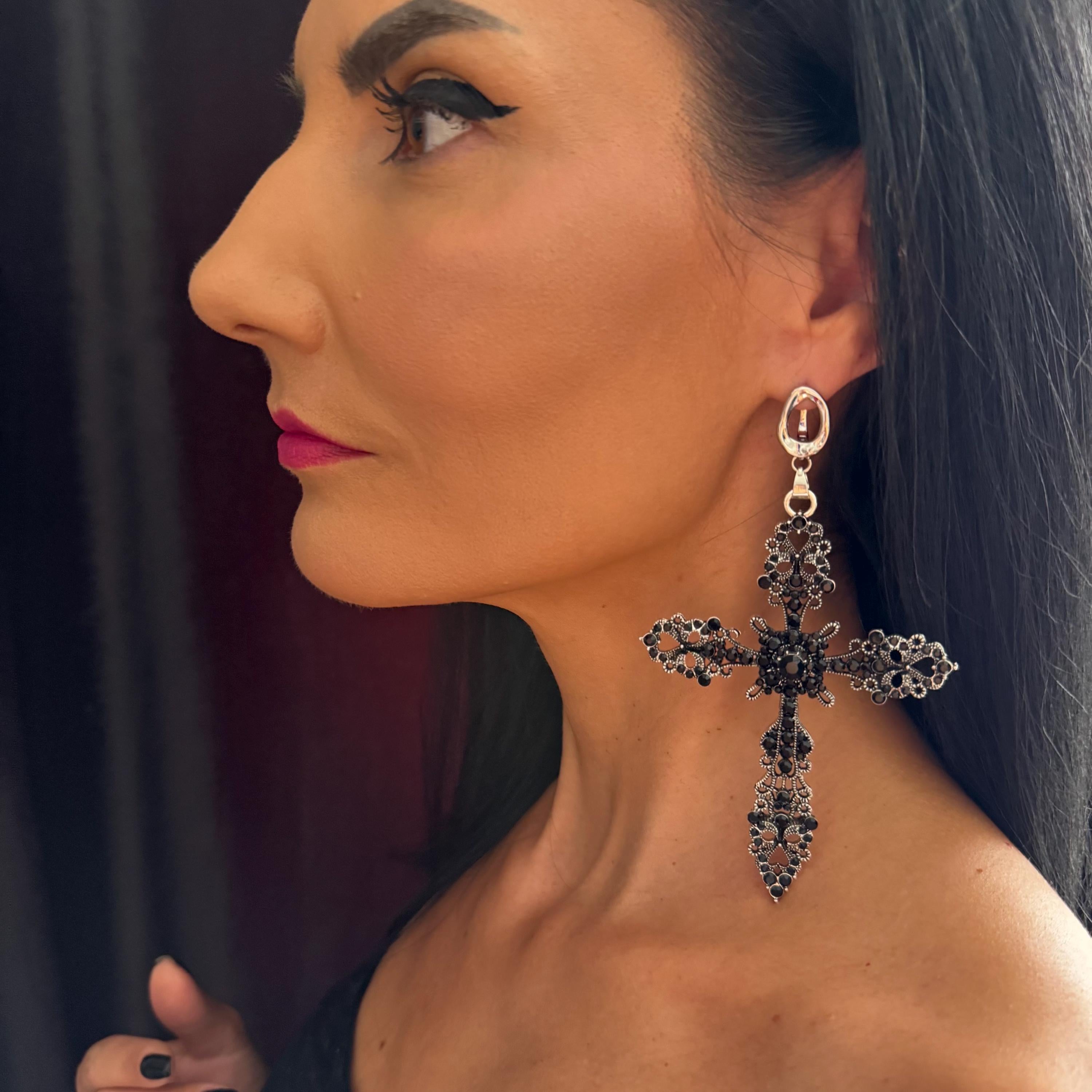 Gothic Cross Statement Earrings Victorian Style Crystal Details Black Rhinestone Jewelry Brass Metal Construction Platinum Plated Design Large Size Statement Piece Dark Aesthetic Fashion Ornate Crystal Elements Dramatic Look Evening Wear