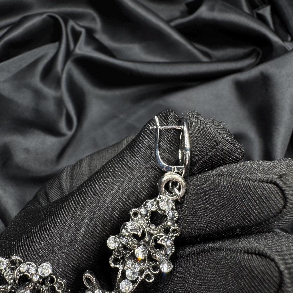 Halloween Costume Statement Jewelry Antique Cross Design Gothic Style Elements Vintage Inspired Pattern Crystal Accent Details Large Baroque Earring Ornate Metal Work Elegant Party Accessory Dramatic Fashion Statement Special Occasion Piece