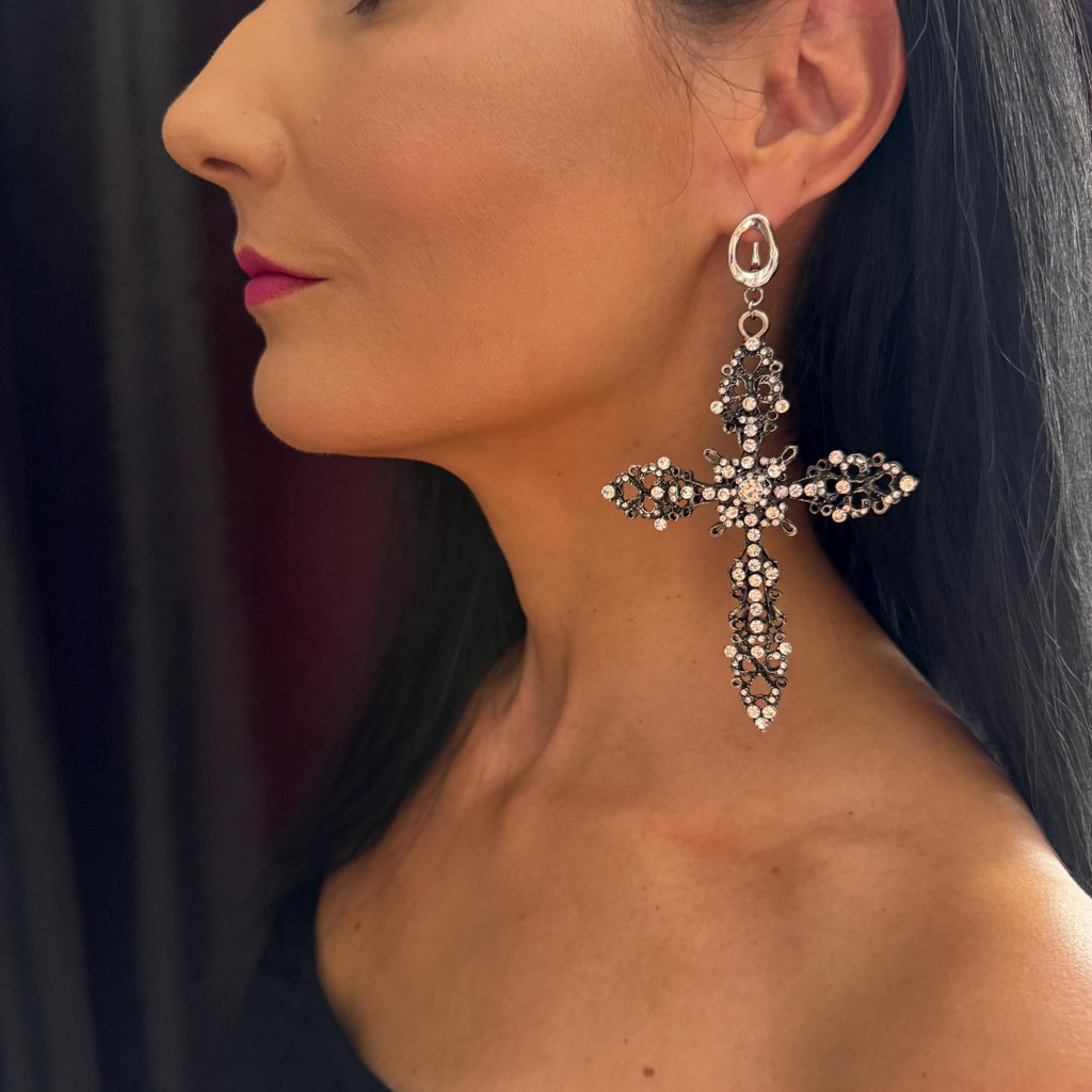 Halloween Costume Earring Collection Antique Cross Design Statement Jewelry Piece Gothic Style Elements Crystal Accent Detail Baroque Pattern Work Large Statement Accessory Ornate Metal Creation Dramatic Party Style Special Event Jewelry