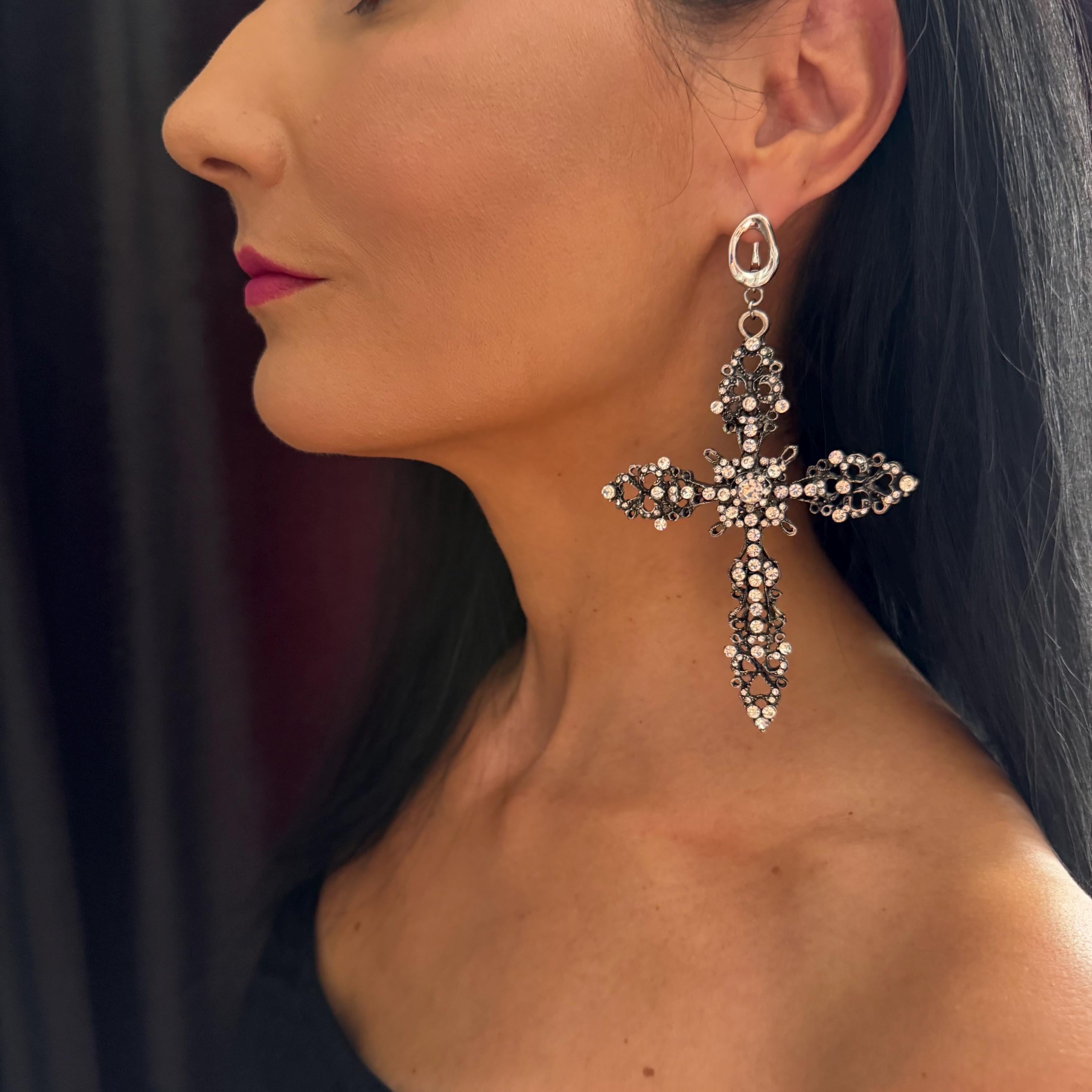 Halloween Costume Earring Collection Antique Cross Design Statement Jewelry Piece Gothic Style Elements Crystal Accent Detail Baroque Pattern Work Large Statement Accessory Ornate Metal Creation Dramatic Party Style Special Event Jewelry