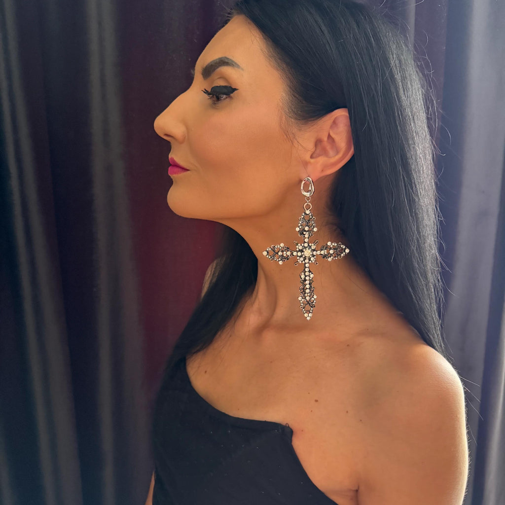 Halloween Costume Statement Jewelry Antique Cross Design Gothic Style Elements Vintage Inspired Pattern Crystal Accent Details Large Baroque Earring Ornate Metal Work Elegant Party Accessory Dramatic Fashion Statement Special Occasion Piece