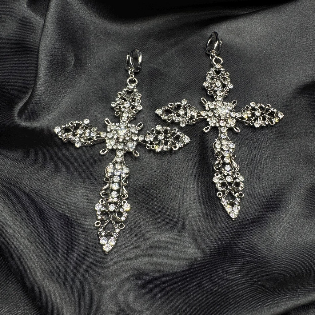 Halloween Costume Earring Collection Antique Cross Design Statement Jewelry Piece Gothic Style Elements Crystal Accent Detail Baroque Pattern Work Large Statement Accessory Ornate Metal Creation Dramatic Party Style Special Event Jewelry