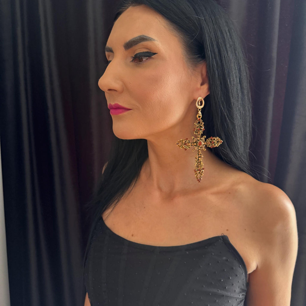Big Oversized Cross Earrings Halloween Statement Jewelry Design Antique Gold Finish Crystal Detail Gothic Style Accessory Brass Metal Construction Fashion Piece Vintage Look Essential Party Wear Orange Rhinestone Detail