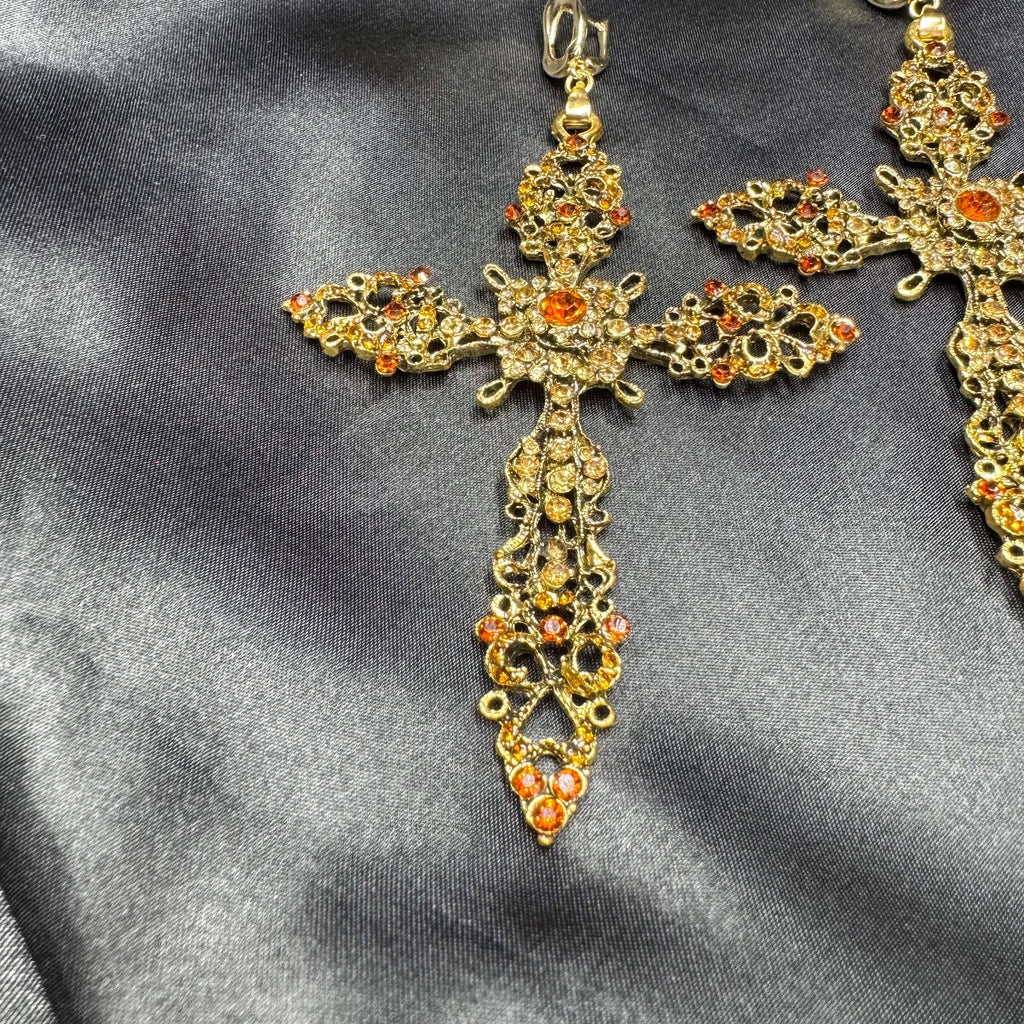 Halloween Big Oversized Cross Statement Earring Antique Gold Finish Crystal Rhinestone Detail Large Fashion Jewelry Brass Metal Construction Quality Design Gothic Style Inspiration Vintage Look Essential Party Accessory Ornate Pattern