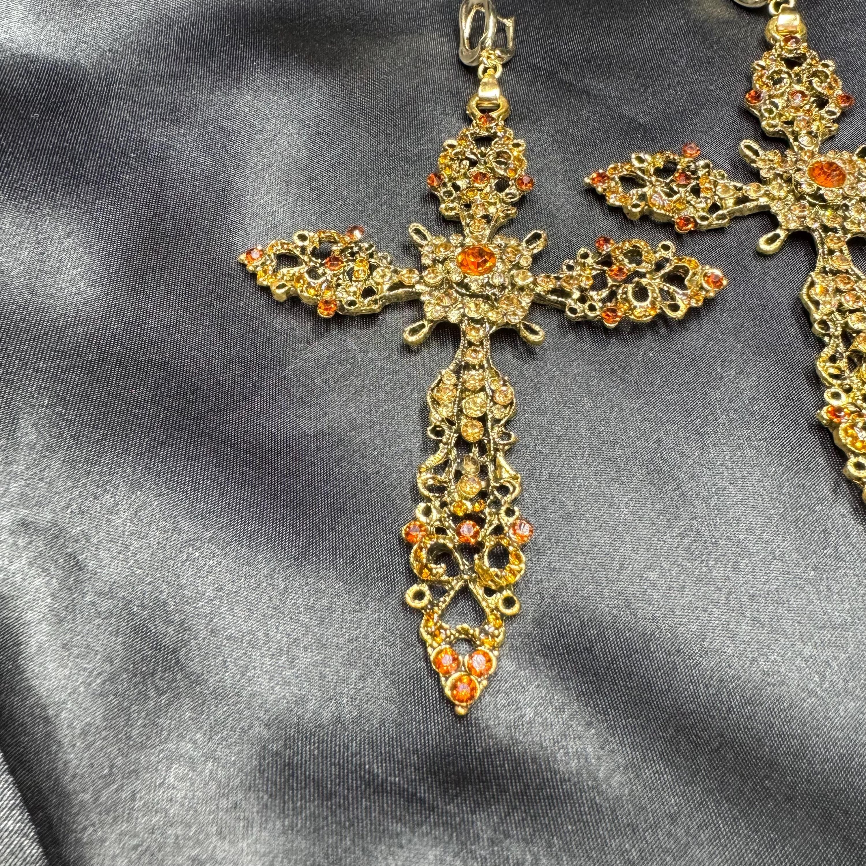 Halloween Big Oversized Cross Statement Earring Antique Gold Finish Crystal Rhinestone Detail Large Fashion Jewelry Brass Metal Construction Quality Design Gothic Style Inspiration Vintage Look Essential Party Accessory Ornate Pattern