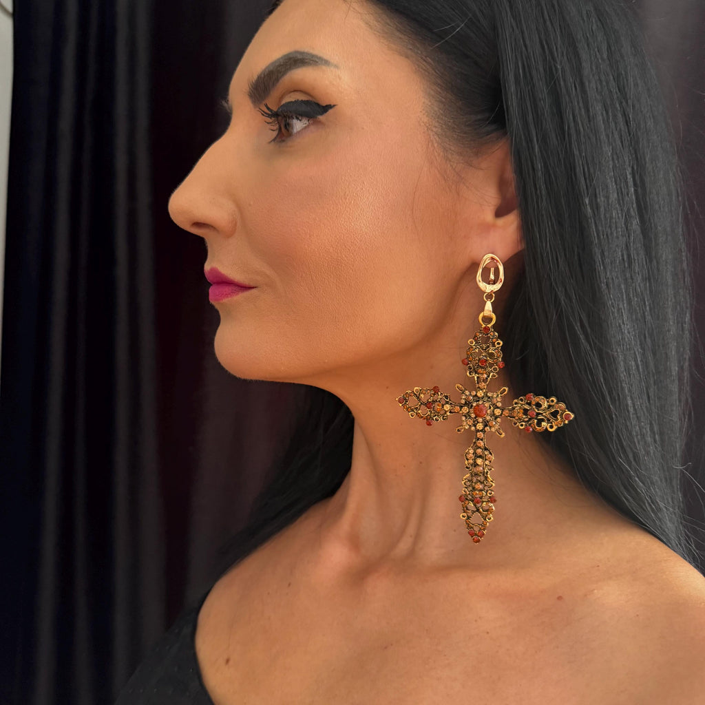 Halloween Big Oversized Cross Statement Earring Antique Gold Finish Crystal Rhinestone Detail Large Fashion Jewelry Brass Metal Construction Quality Design Gothic Style Inspiration Vintage Look Essential Party Accessory Ornate Pattern