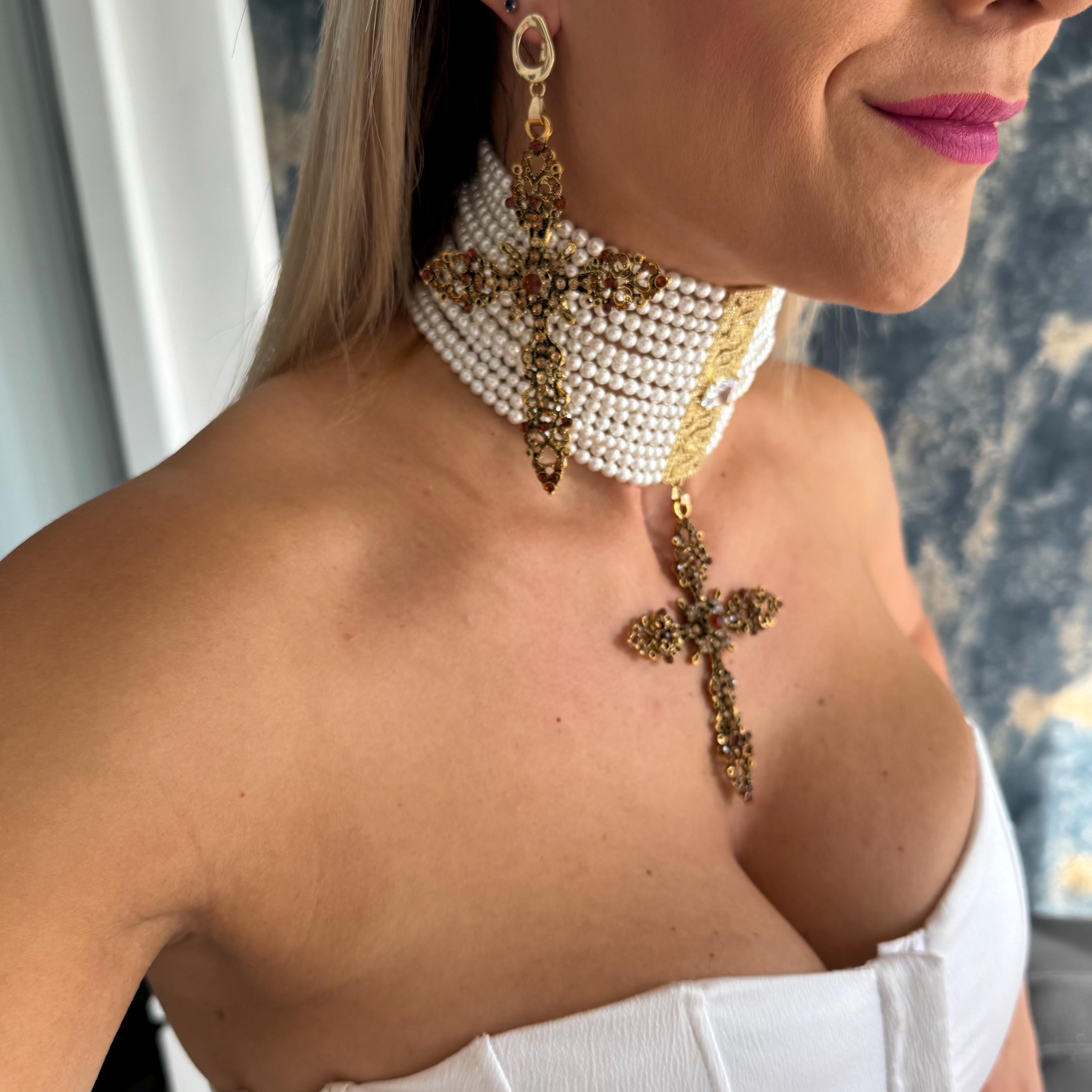 Elegant Victorian Necklace Pearl Cross Design Gold Filigree Choker Statement Piece Crystal Embellished Wedding Jewelry Formal Bridal Accessory Shell Pearl Collection Classic Vintage Style Ornate Details Adjustable Length Construction