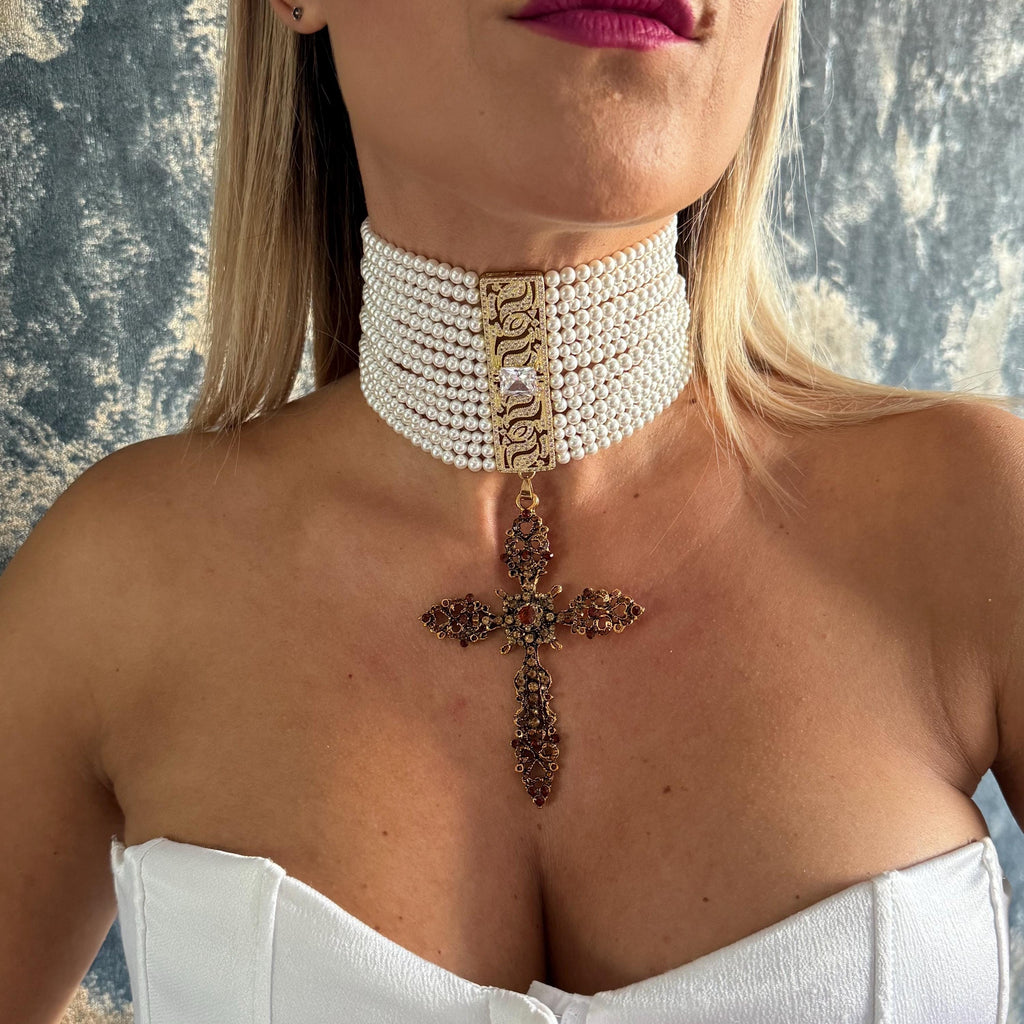 Victorian Style Choker Pearl Cross Pendant Gold Filigree Details Crystal Embellished Statement Necklace Elegant Wedding Accessory Formal Bridal Jewelry Shell Pearl Collection Adjustable Length Design Classic Vintage Inspired Piece Ornate