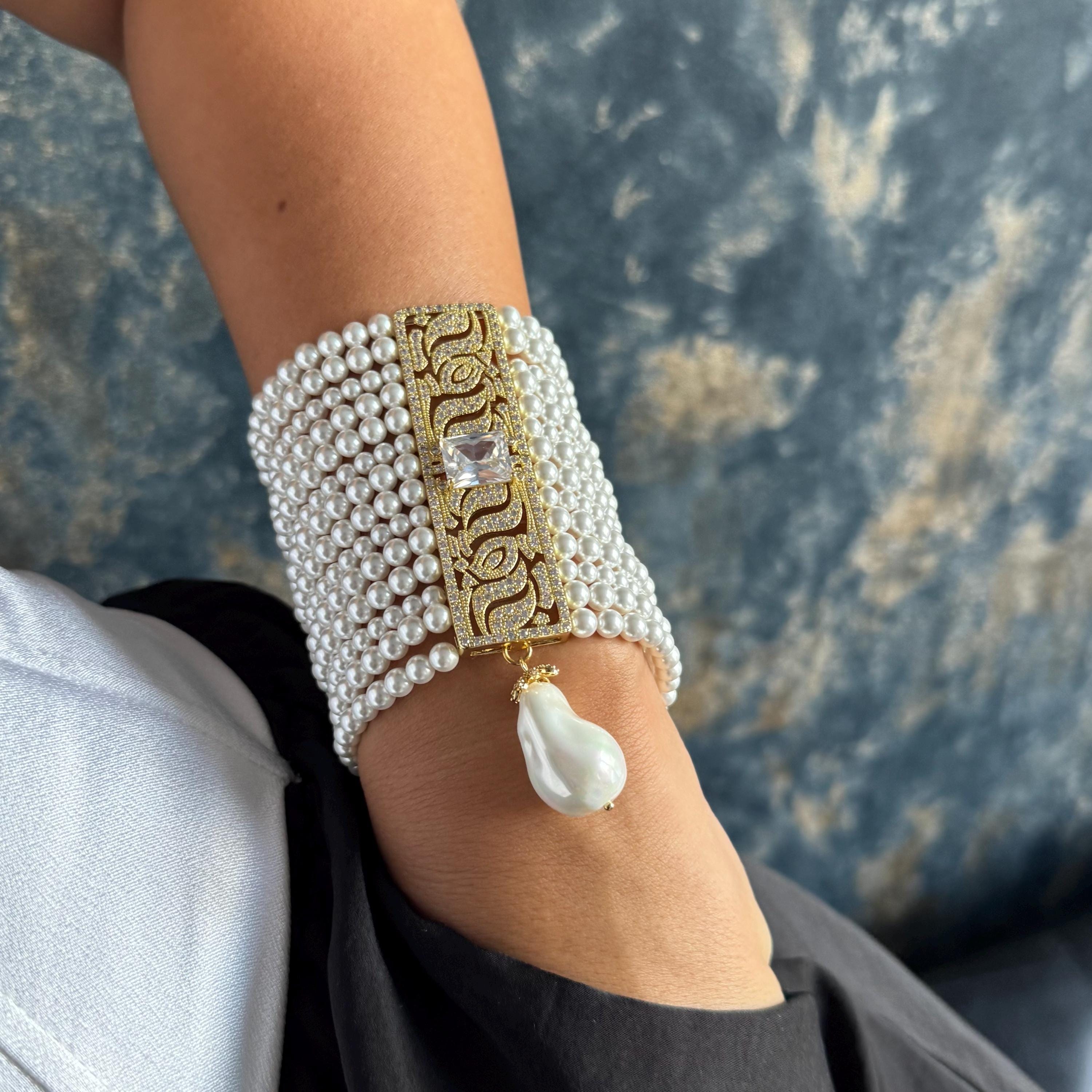 Elegant Bridal Jewelry White Pearl Bracelet Crystal Accent Multi Strand Design Wedding Day Accessory Special Occasion Statement Piece Adjustable Length Classic Style Formal Event Wear Beautiful Shell Pearl Collection Dainty Wrist Design