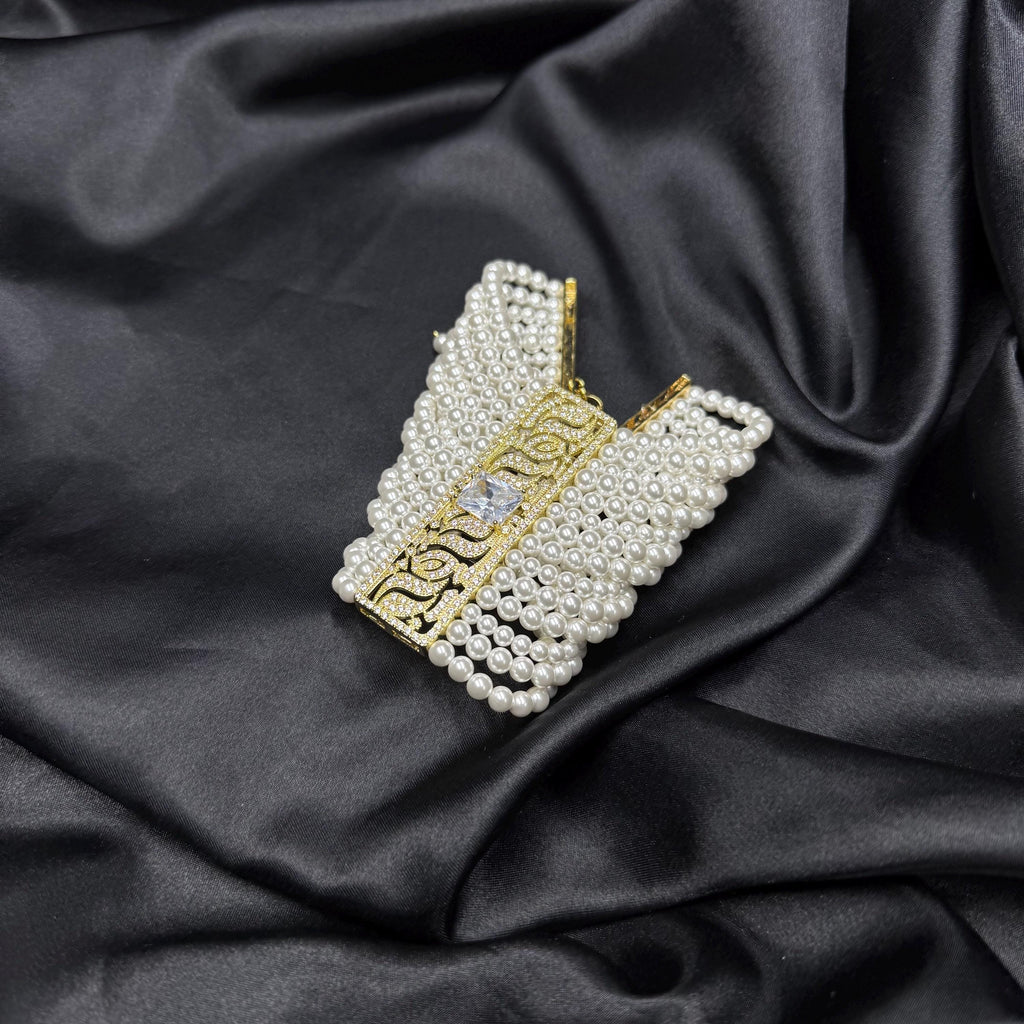 Statement Cuff Bracelet Pearl Design Collection Crystal Accent Detail White Pearl Pattern Elegant Wedding Style Adjustable Length Options Premium Metal Construction Beautiful Formal Wear Essential Luxury Fashion Piece Special Occasion