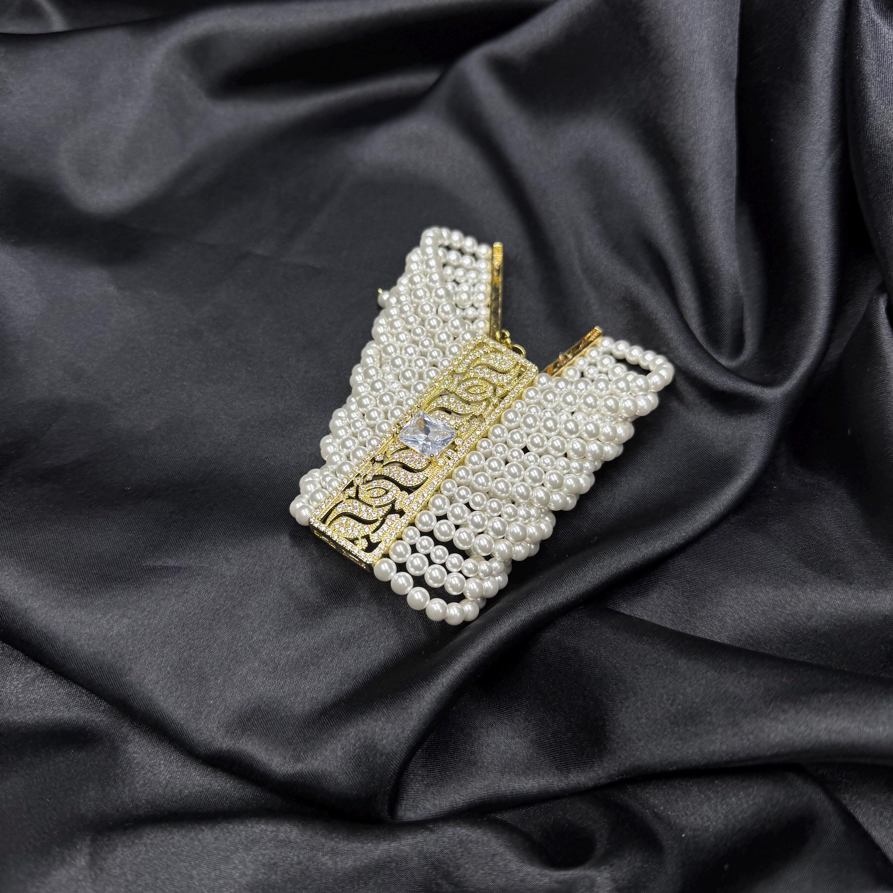Statement Cuff Bracelet Pearl Design Collection Crystal Accent Detail White Pearl Pattern Elegant Wedding Style Adjustable Length Options Premium Metal Construction Beautiful Formal Wear Essential Luxury Fashion Piece Special Occasion