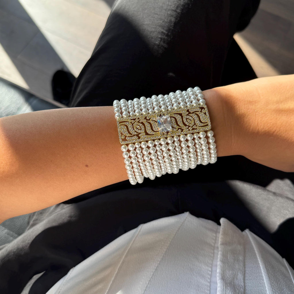 Elegant Wedding Bracelet Pearl Cuff Design White Pearl Collection Crystal Detail Accent Formal Statement Piece Adjustable Length Options Premium Metal Construction Beautiful Bridal Style Luxury Fashion Accessory Special Occasion Jewelry
