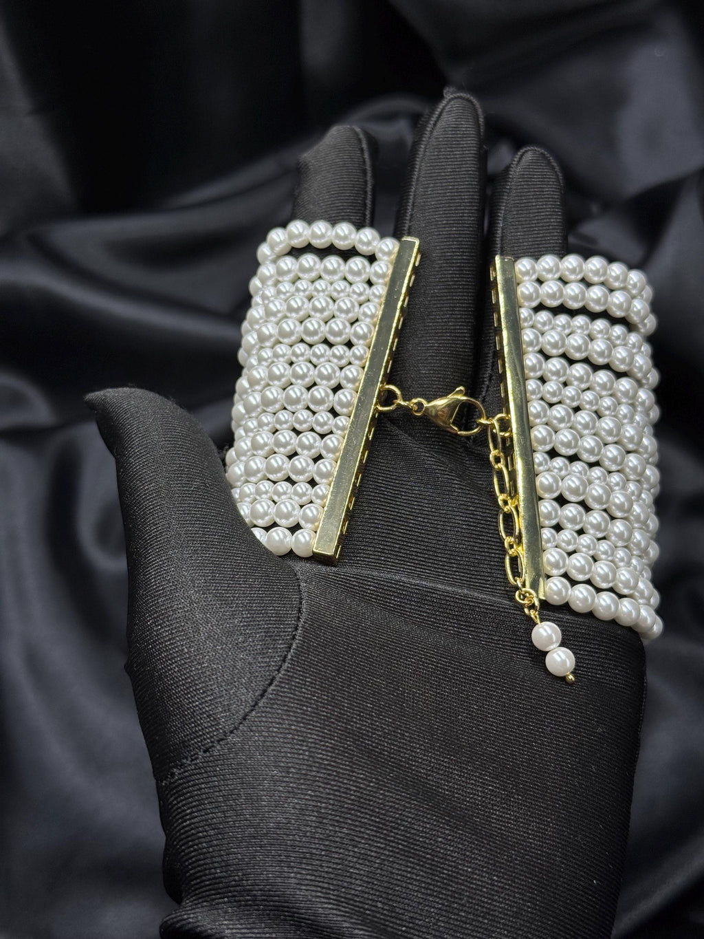 Statement Cuff Bracelet Pearl Design Collection Crystal Accent Detail White Pearl Pattern Elegant Wedding Style Adjustable Length Options Premium Metal Construction Beautiful Formal Wear Essential Luxury Fashion Piece Special Occasion