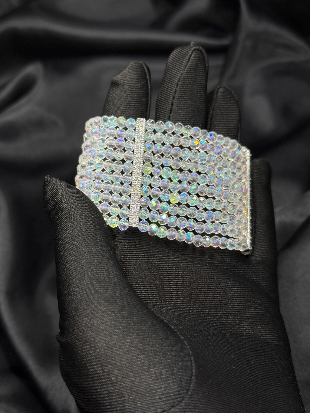 Elegant Crystal Collection Wide Statement Bracelet Wedding Accessory Formal Wear Design Iridescent Pattern Adjustable Length Multi Row Style Premium Quality Construction Special Occasion Piece Handmade Evening Glamour Luxury Gift Beautiful