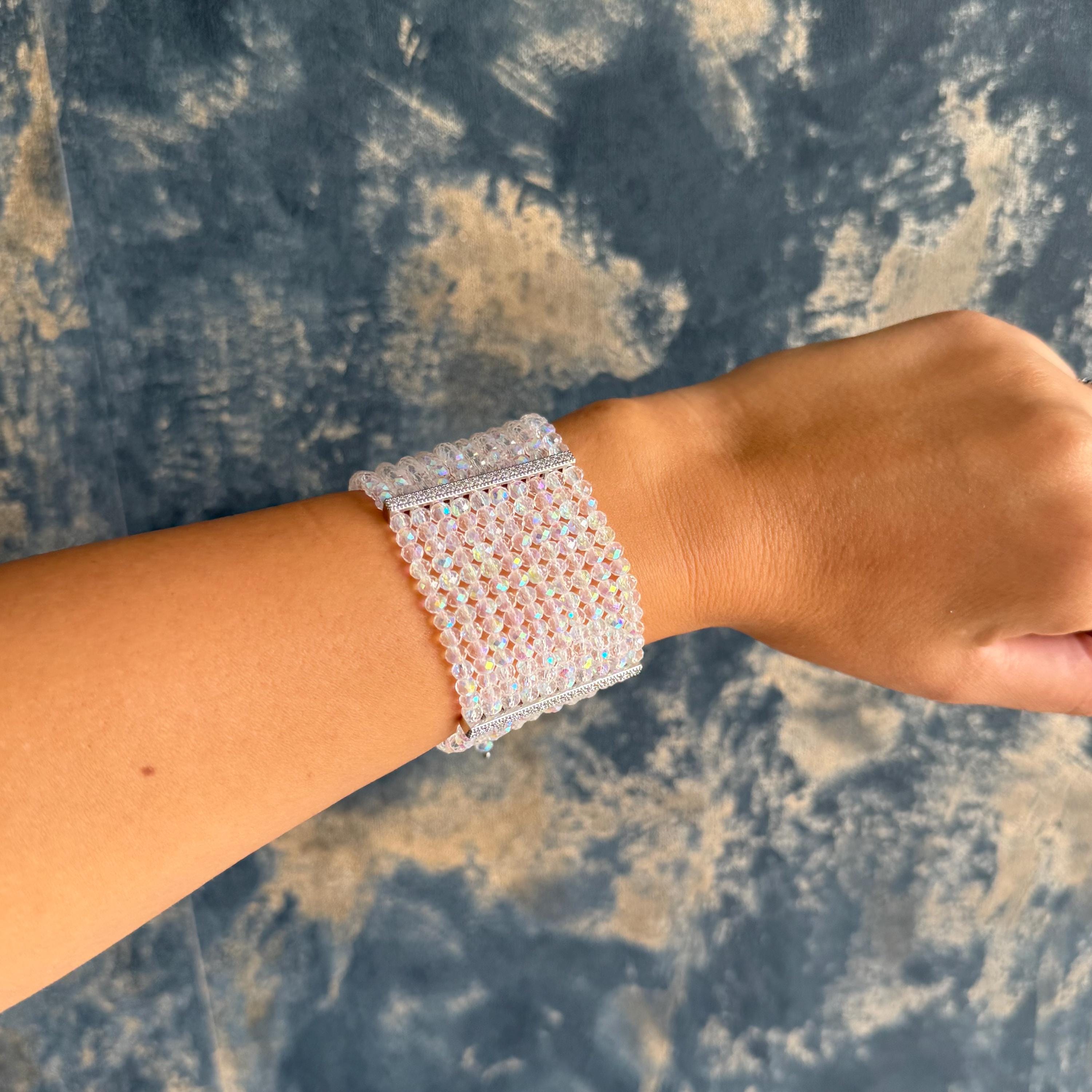 Luxury Statement Bracelet Wide Crystal Design Wedding Collection Formal Wear Accessory Iridescent Crystal Pattern Adjustable Length Evening Style Glamorous Detail Premium Quality Construction Special Occasion Piece Handmade Luxury Gift