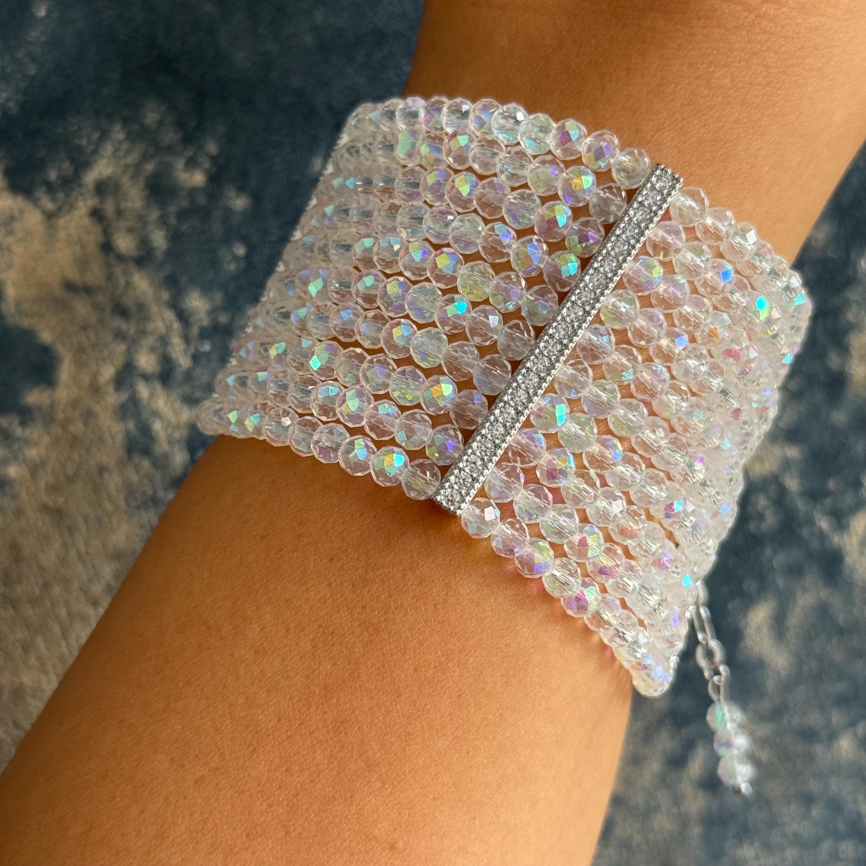 Wide Crystal Bracelet Wedding Accessory Formal Wear Statement Piece Iridescent Crystal Design Adjustable Length Multi Row Pattern Elegant Evening Style Luxury Gift Special Occasion Sparkly Mesh Detail Premium Quality Construction Handmade
