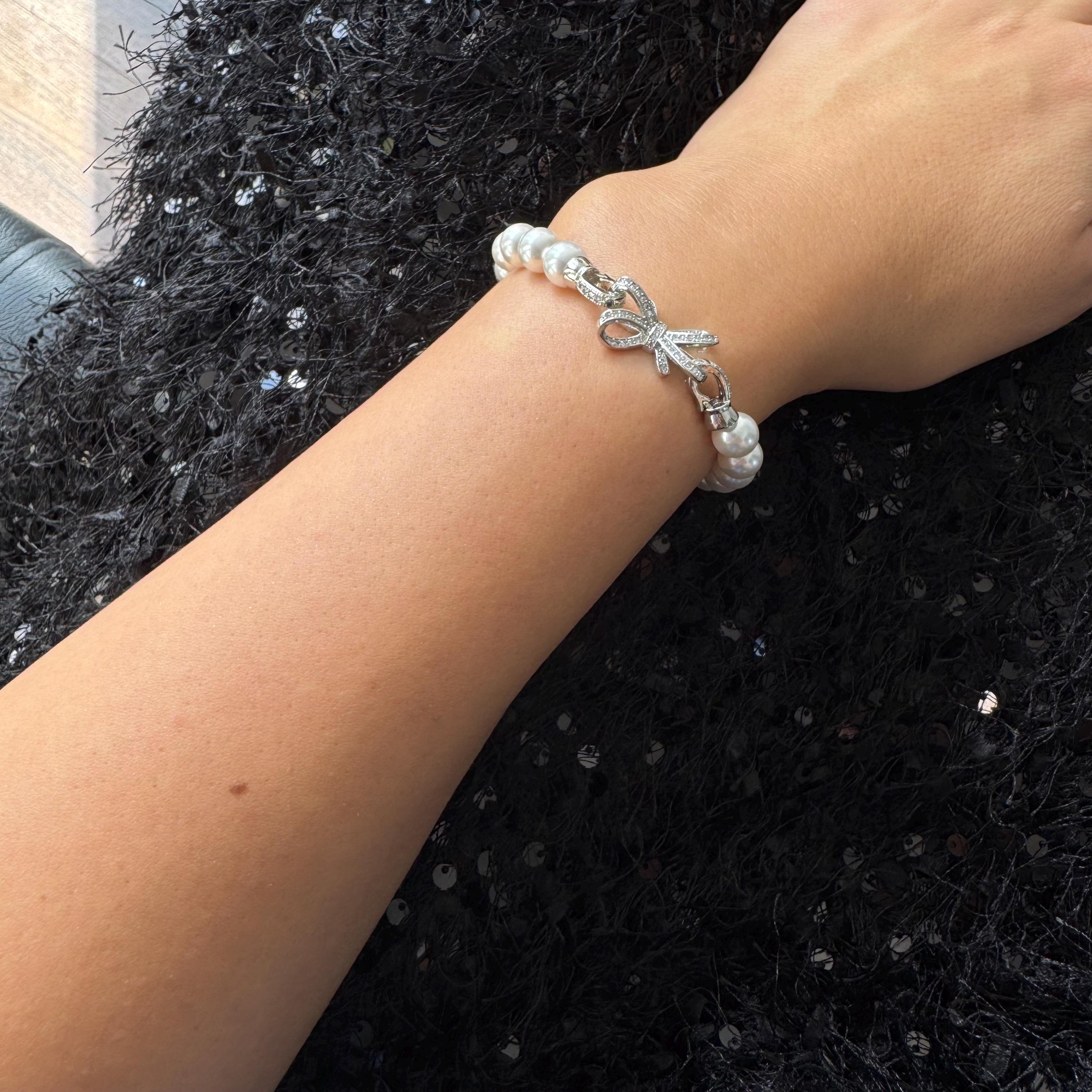 Holiday Gift Bracelet Crystal Pearl Design Secret Santa Present Christmas Stocking Filler Elegant Jewelry Option Bow Clasp Feature Rhinestone Accent Detail Premium Quality Construction Thoughtful Gift Idea Beautiful Accessory Piece Festive