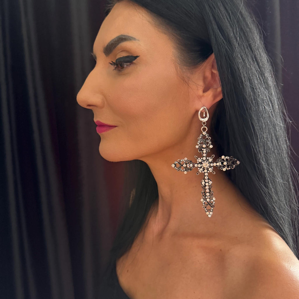 Halloween Costume Statement Jewelry Antique Cross Design Gothic Style Elements Vintage Inspired Pattern Crystal Accent Details Large Baroque Earring Ornate Metal Work Elegant Party Accessory Dramatic Fashion Statement Special Occasion Piece