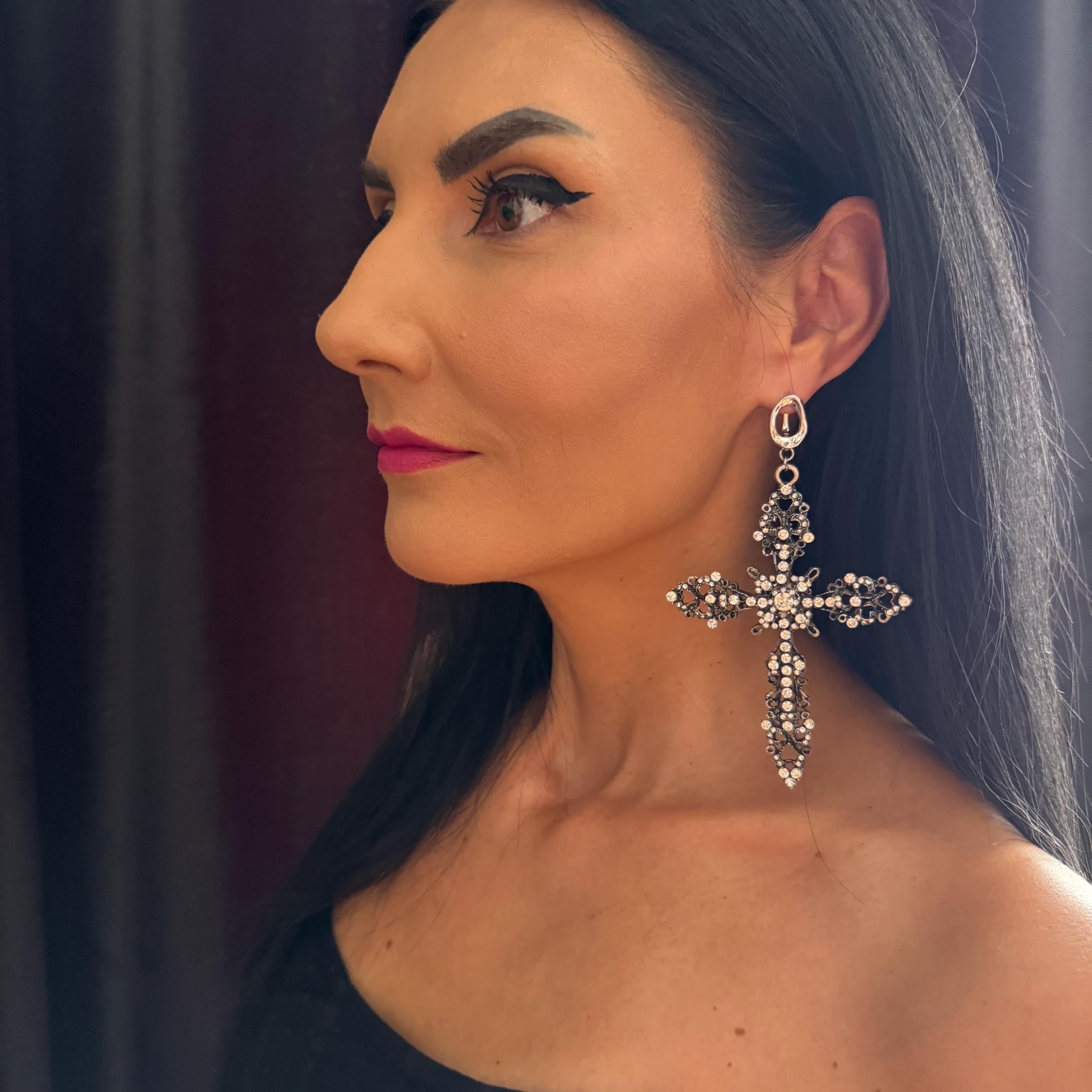 Gothic Style Halloween Costume Earring Antique Cross Design Vintage Inspired Collection Crystal Accent Detail Large Statement Piece Ornate Metal Work Baroque Pattern Elements Dramatic Party Accessory Special Event Jewelry