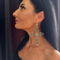 Halloween Costume Cross Earring Statement Piece Gothic Style Crystal Detail Vintage Inspired Design Large Statement Jewelry Ornate Baroque Pattern Metal Work Handcrafted Details Brass Finish Dramatic Party Accessory