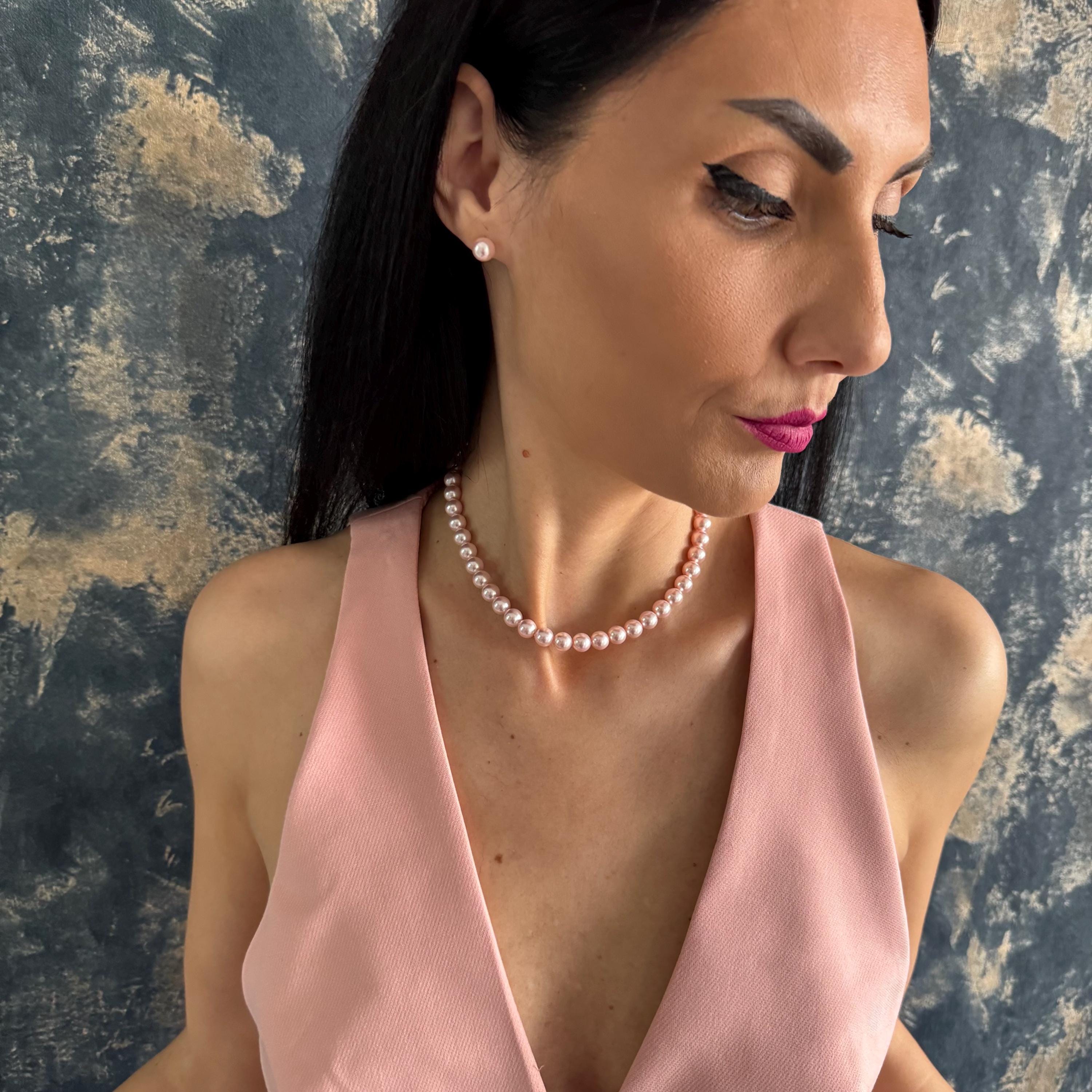 Wedding Jewelry Collection Pink Pearl Choker Handmade Earring Set Elegant Bridal Accessory Bridesmaid Gift Option Crystal Pearl Design Gold Plated Elements Sterling Silver Components Beautiful Formal Occasion Wear Classic Sophisticated