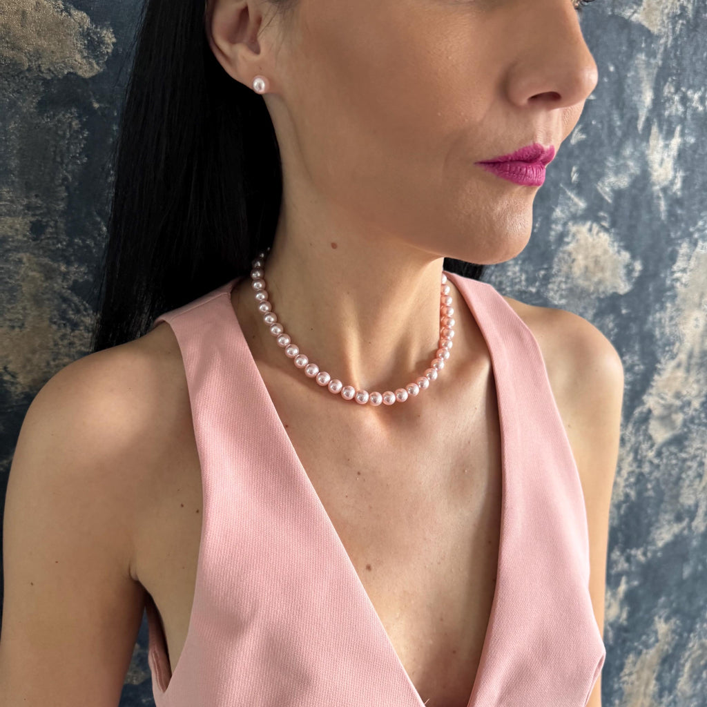 Pink Pearl Choker Necklace Set Wedding Jewelry Bridesmaid Gift Custom Earring Pair Elegant Accessory Art Deco Boho Handmade Jewellery Mother