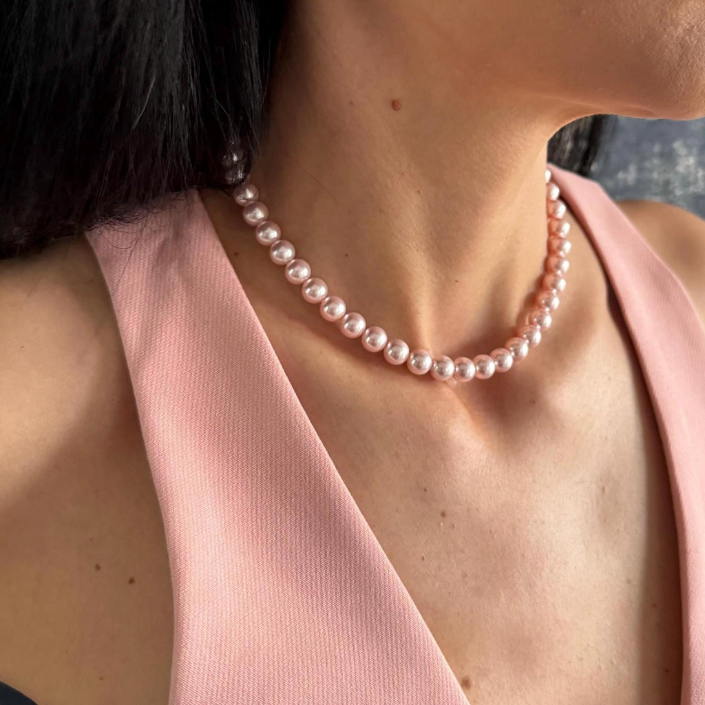 Pink Pearl Choker Necklace Set Wedding Jewelry Bridesmaid Gift Custom Earring Pair Elegant Accessory Art Deco Boho Handmade Jewellery Mother