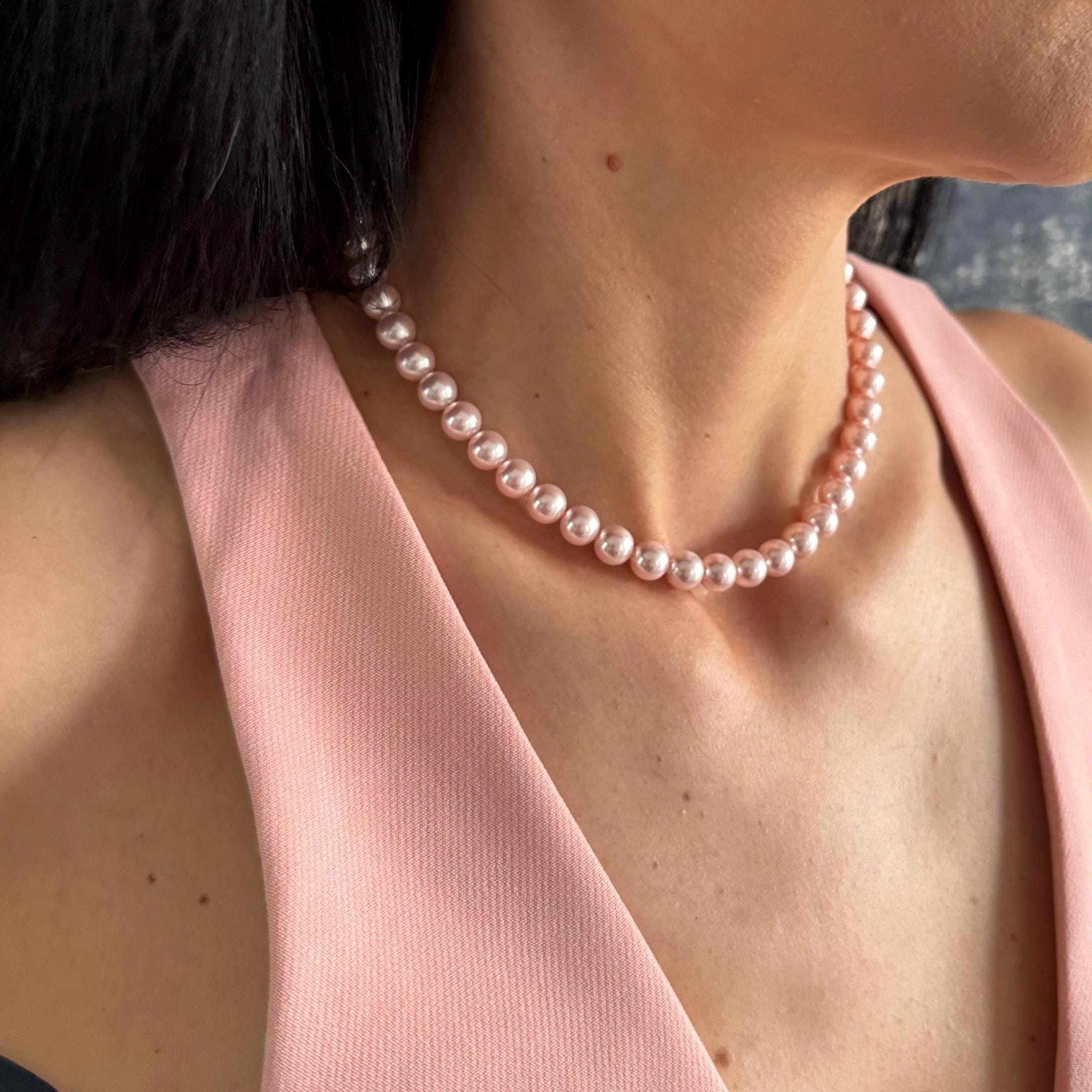 Pink Pearl Choker Necklace Set Wedding Jewelry Bridesmaid Gift Custom Earring Pair Elegant Accessory Art Deco Boho Handmade Jewellery Mother