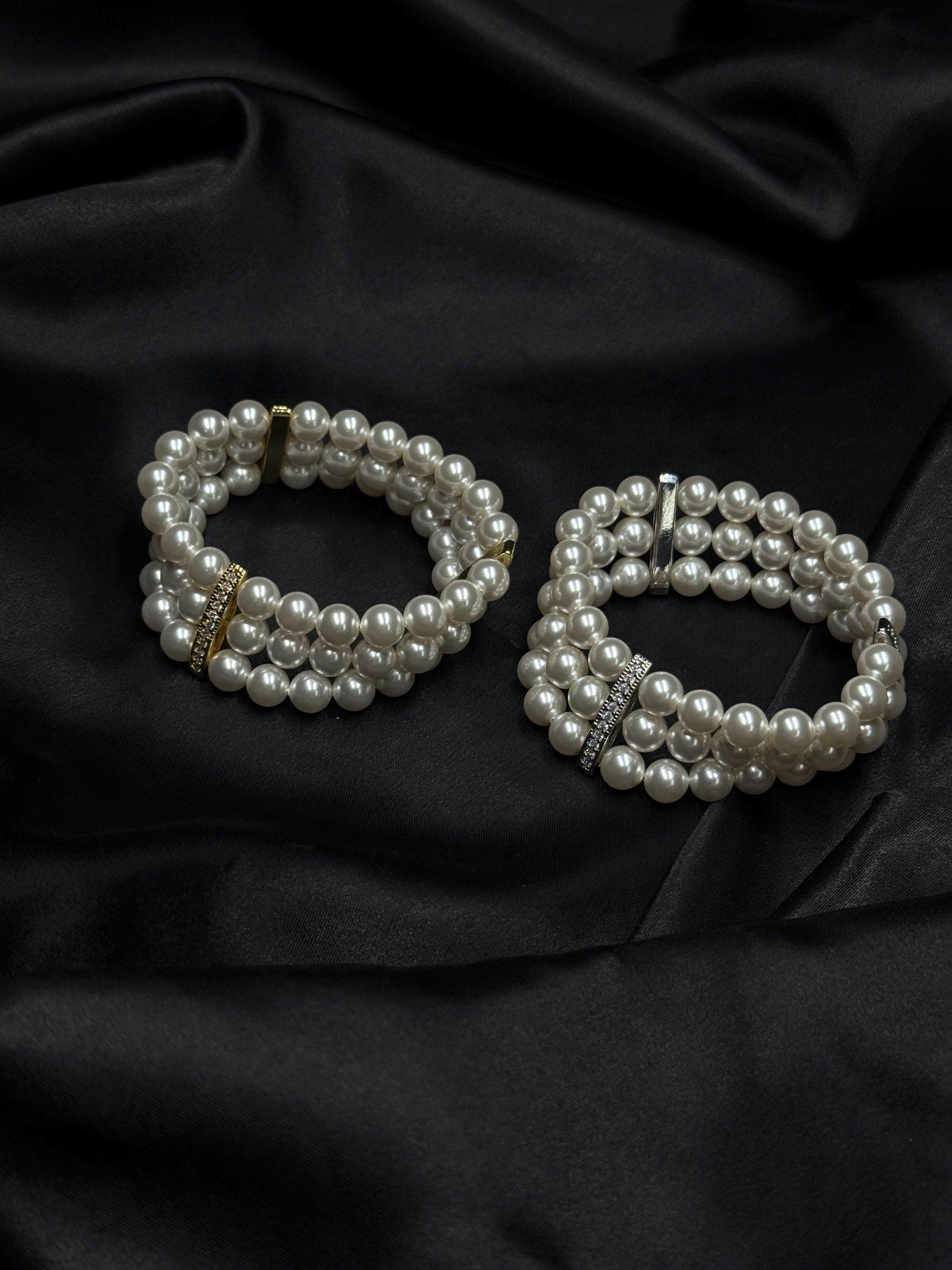 Elegant 3-strand pearl stretch bracelet, custom sized from 5.5 to 9 inches, perfect for bridesmaids, prom, or everyday classic pearl jewelry