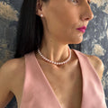 Pink Pearl Choker Necklace Set Wedding Jewelry Collection Bridesmaid Gift Idea Matching Earring Pair Elegant Accessory Design Handmade Crystal Pearls Gold Plated Clasp Sterling Silver Posts Formal Occasion Wear Sophisticated Bridal Party