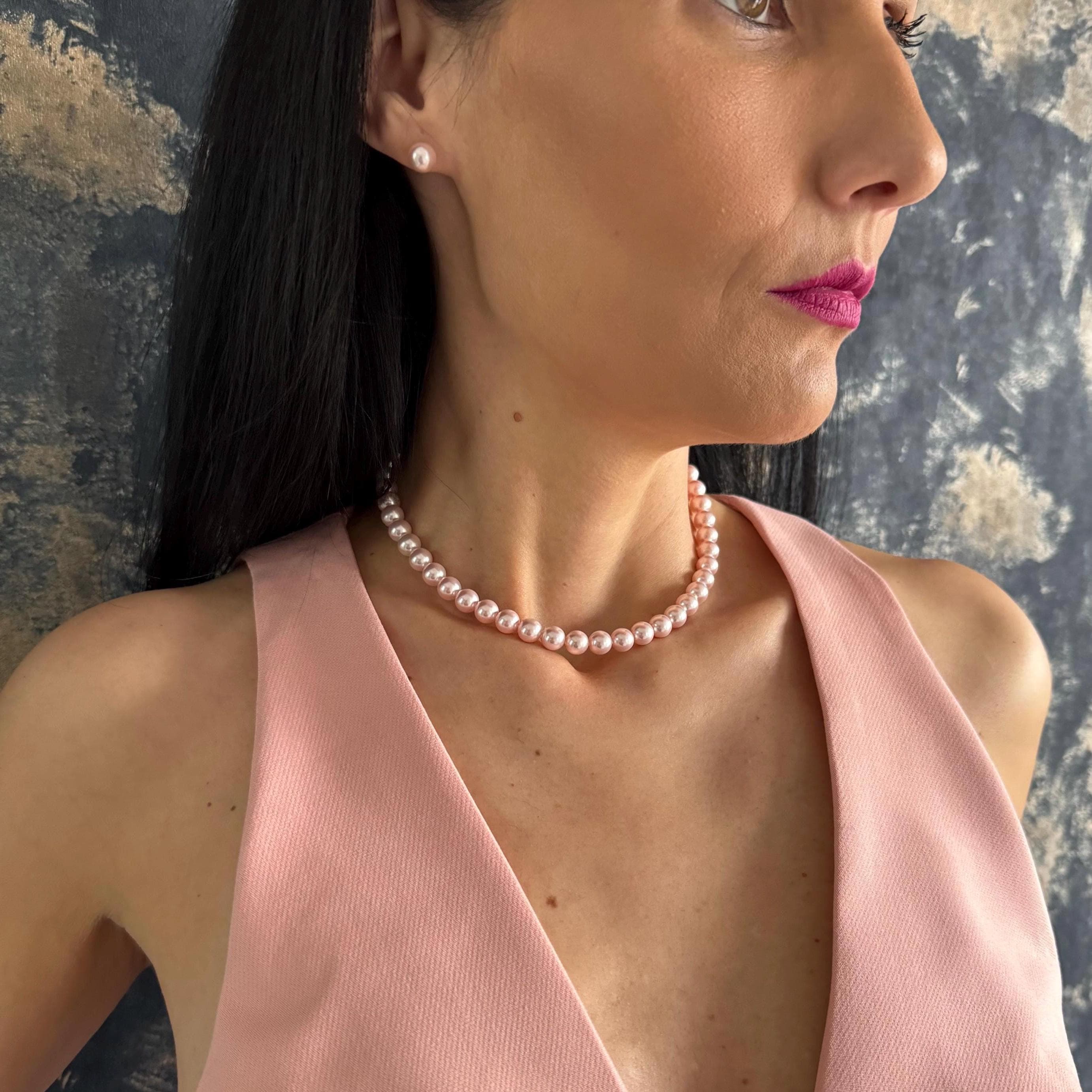 Pink Pearl Choker Necklace Set Wedding Jewelry Collection Bridesmaid Gift Idea Matching Earring Pair Elegant Accessory Design Handmade Crystal Pearls Gold Plated Clasp Sterling Silver Posts Formal Occasion Wear Sophisticated Bridal Party