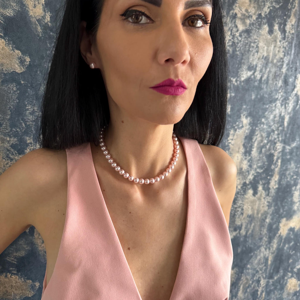 Elegant Pink Pearls Handmade Choker Necklace Matching Earring Set Crystal Pearl Collection Wedding Jewelry Essentials Bridesmaid Gift Option Beautiful Formal Accessory Gold Plated Components Sterling Silver Posts Classic Design Elements Art
