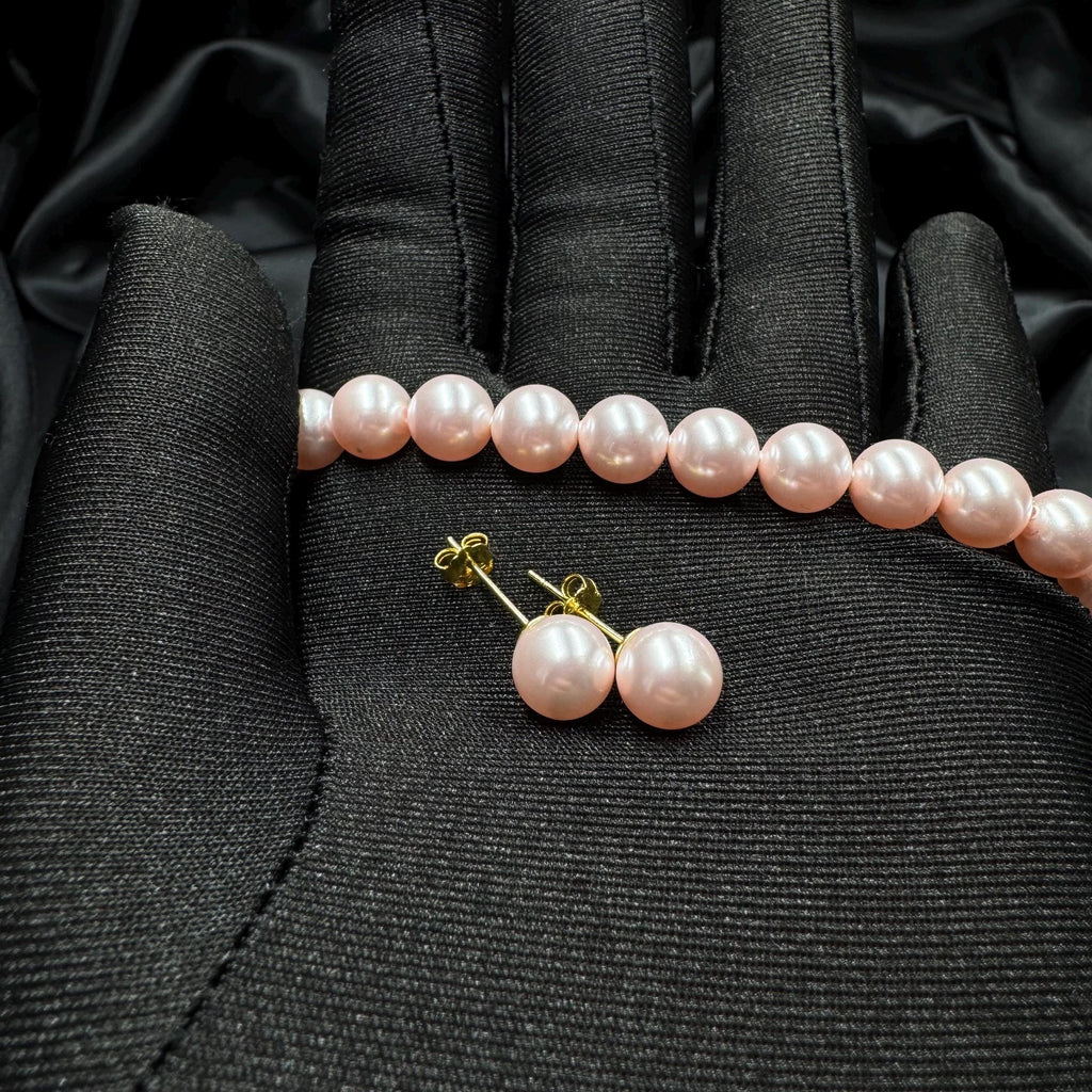 Pink Pearl Choker Necklace Set Wedding Jewelry Bridesmaid Gift Custom Earring Pair Elegant Accessory Art Deco Boho Handmade Jewellery Mother