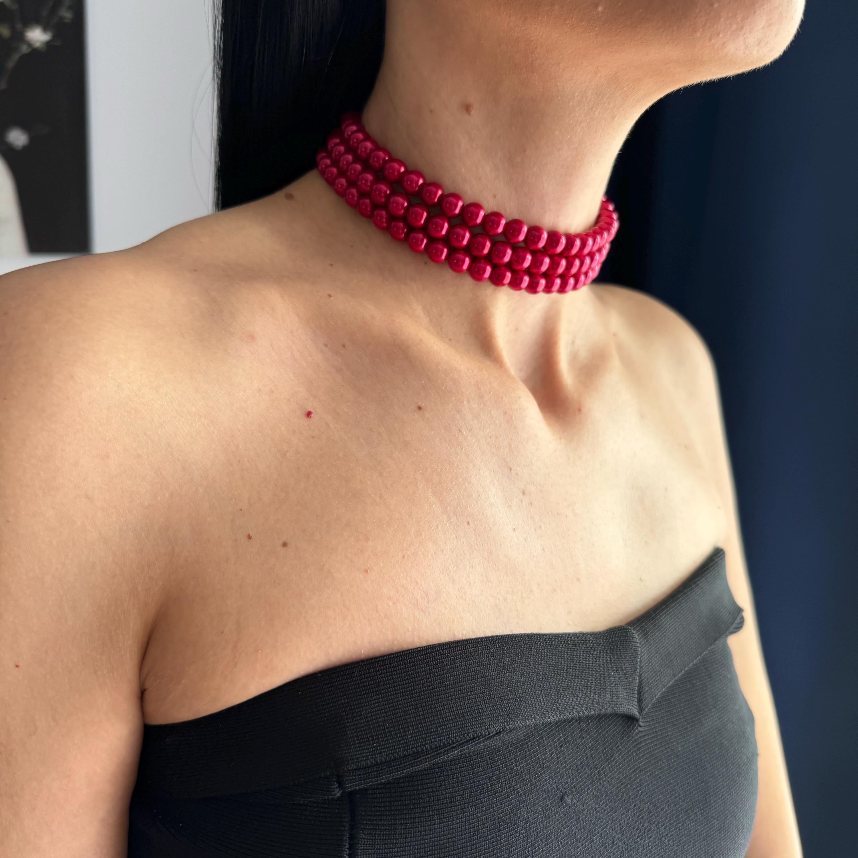 Layered Pearl Necklace Statement Jewelry Piece Red Pearl Choker Three Strand Design Wedding Accessory Collection Bridesmaid Jewelry Gift Elegant Neckpiece Perfect Evening Wear Formal Occasion Jewelry Sophisticated Design Element Timeless