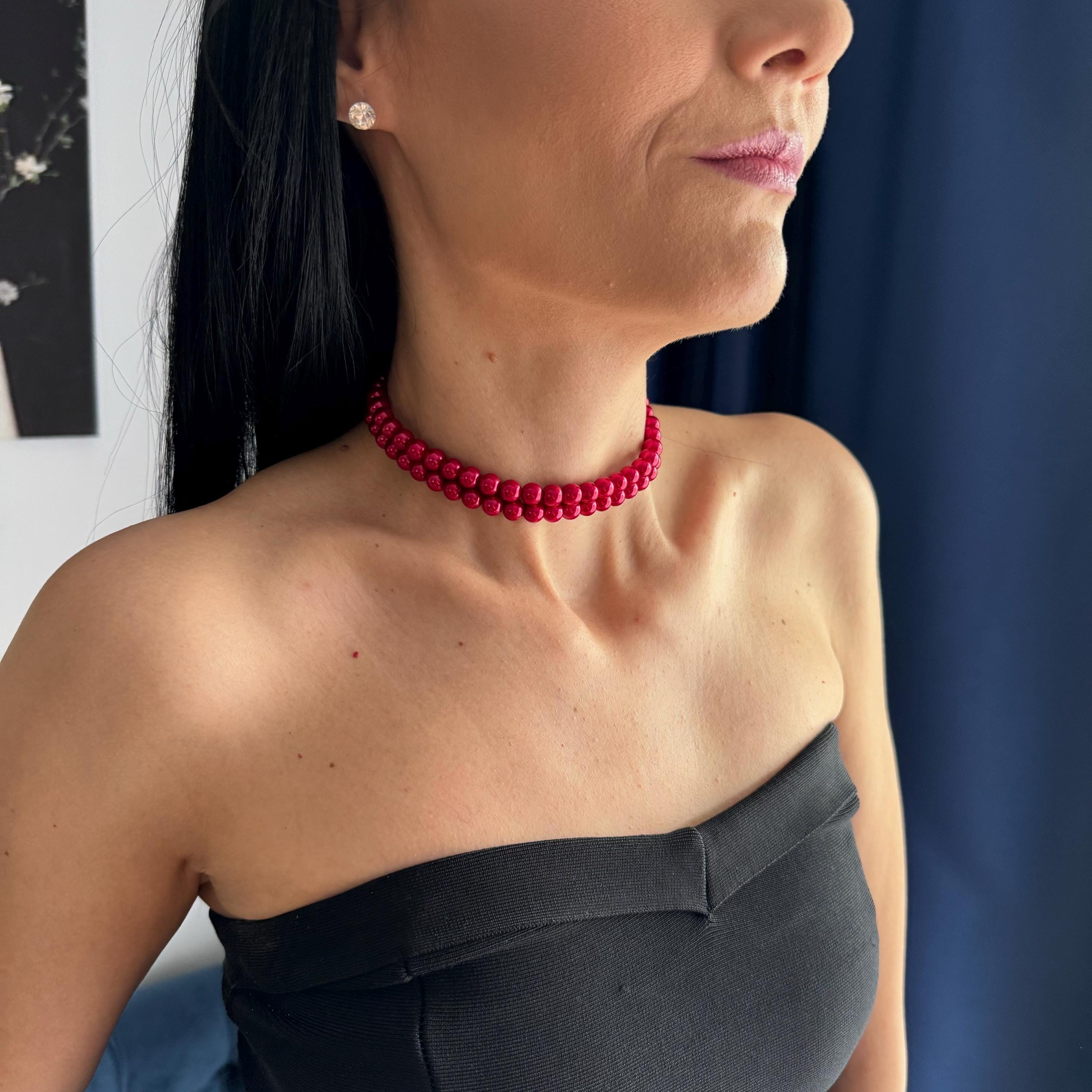 Elegant Red Pearl Necklace Multi Strand Design Wedding Jewelry Collection Layered Choker Style Rhinestone Clasp Detail Quality Crafted Accessory Perfect Bridesmaid Present Beautiful Statement Piece Formal Event Jewelry Special Occasion