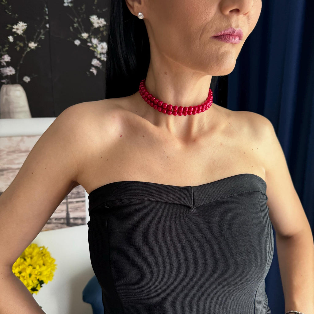 Red Pearl Choker Necklace Festive Christmas Jewelry Elegant Multi Layer Vintage Red Costume Jewellery Mothers Day Idea Layered Double Strand