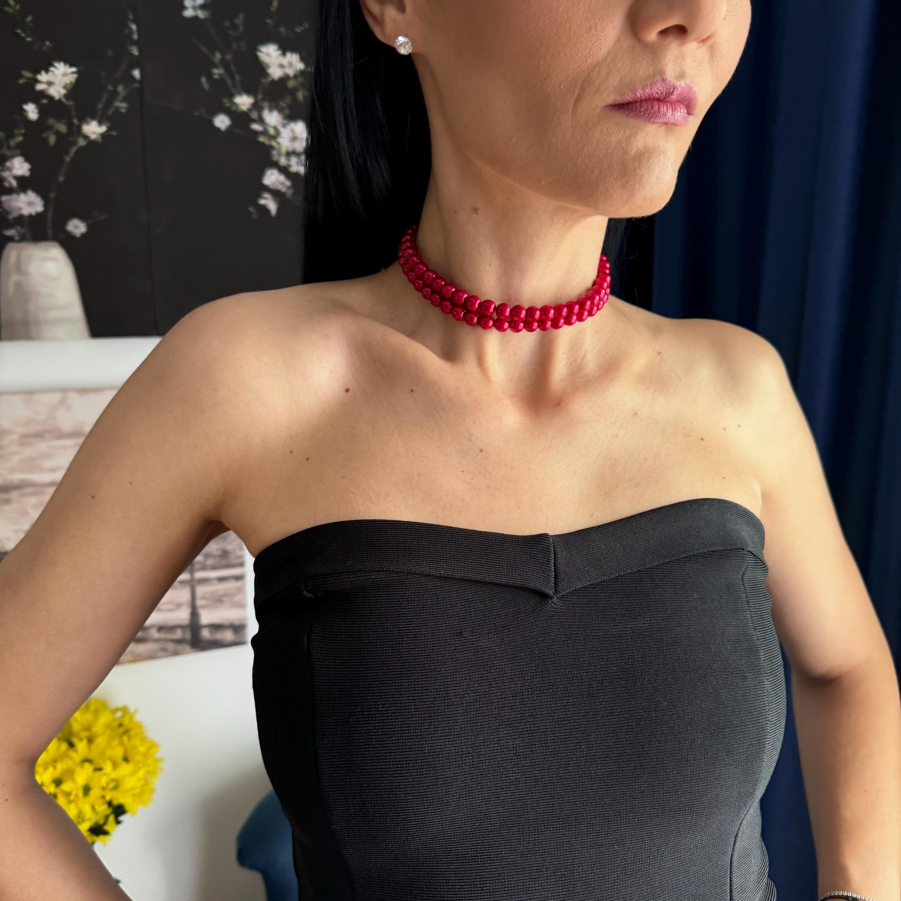 Red Pearl Choker Necklace Festive Christmas Jewelry Elegant Multi Layer Vintage Red Costume Jewellery Mothers Day Idea Layered Double Strand