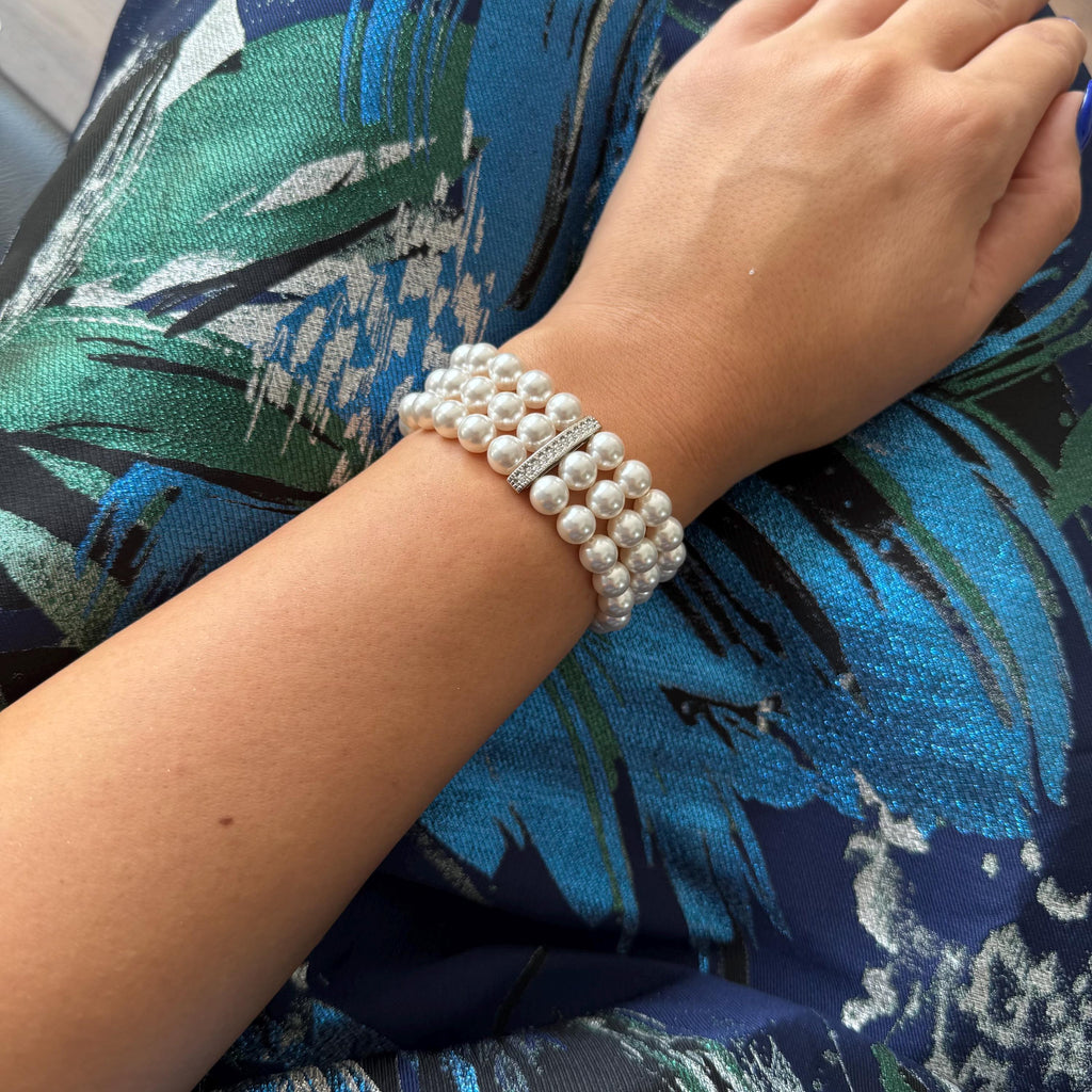 Triple strand pearl bracelet made with 8mm crystal pearls and gold or platinum plated spacers, stretchy custom fit jewelry gift for women