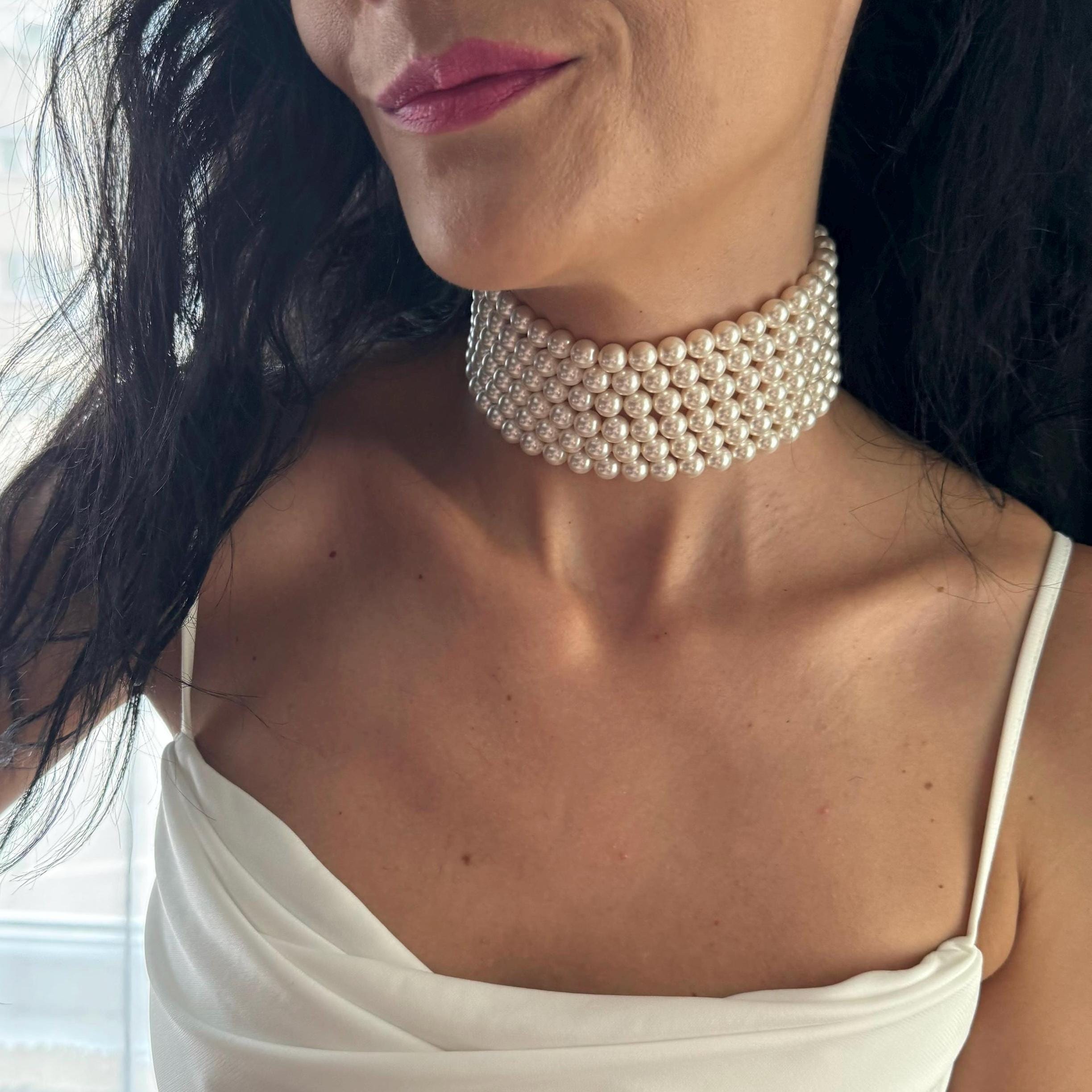 Bridal Pearl Choker Necklace Wedding Jewelry Statement Piece Multi Strand Pearl Collar Crystal Elegant Ivory Accessory Formal Event Special Occasion Swarovski Quality Pearls Gold Plated Clasp Luxury Wedding Day Essential Sophisticated