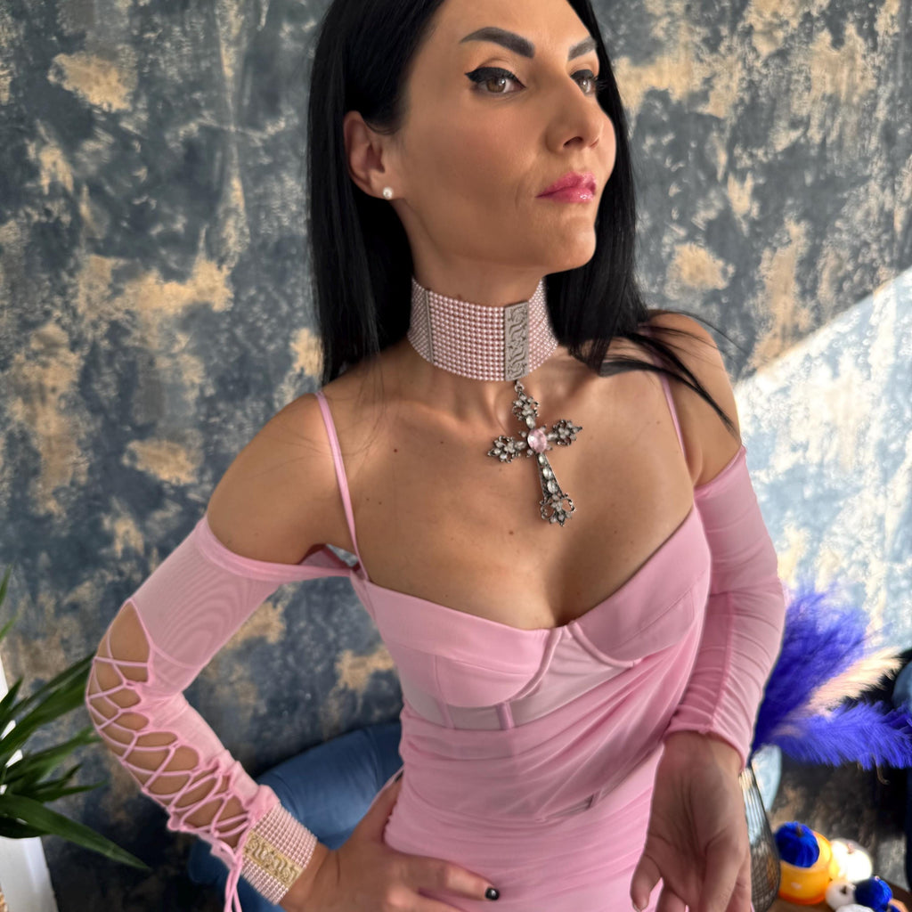 Pink Pearl Choker Necklace Gothic Pearl Jewelry Statement Piece Victorian Style Crystal Cross Pendant Dramatic Baroque Design Blush Color
