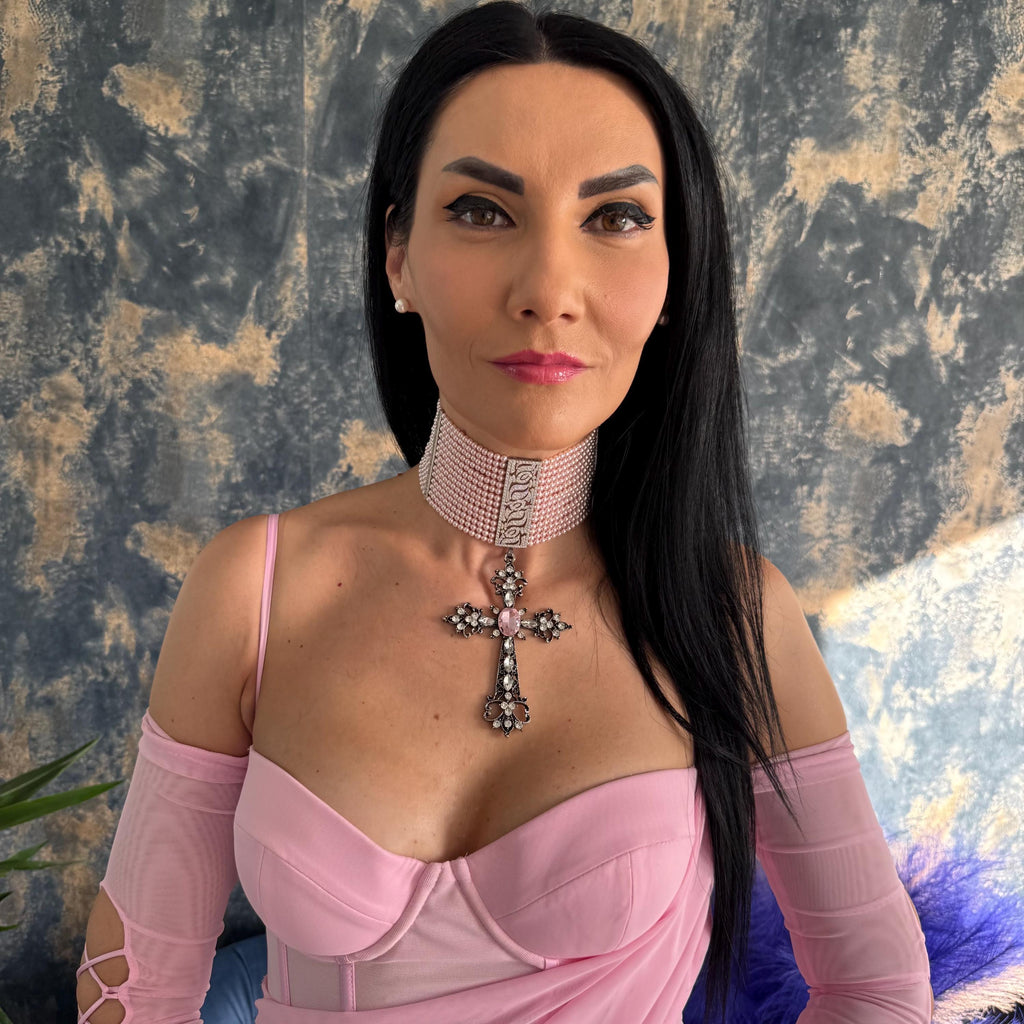 Pink Pearl Choker Necklace Gothic Pearl Jewelry Statement Piece Victorian Style Crystal Cross Pendant Dramatic Baroque Design Blush Color