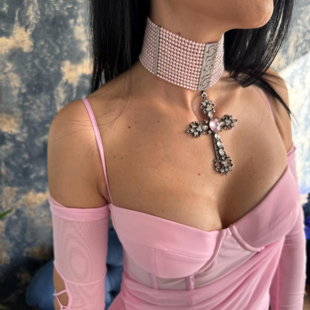 Pink Pearl Choker Necklace Gothic Pearl Jewelry Statement Piece Victorian Style Crystal Cross Pendant Dramatic Baroque Design Blush Color