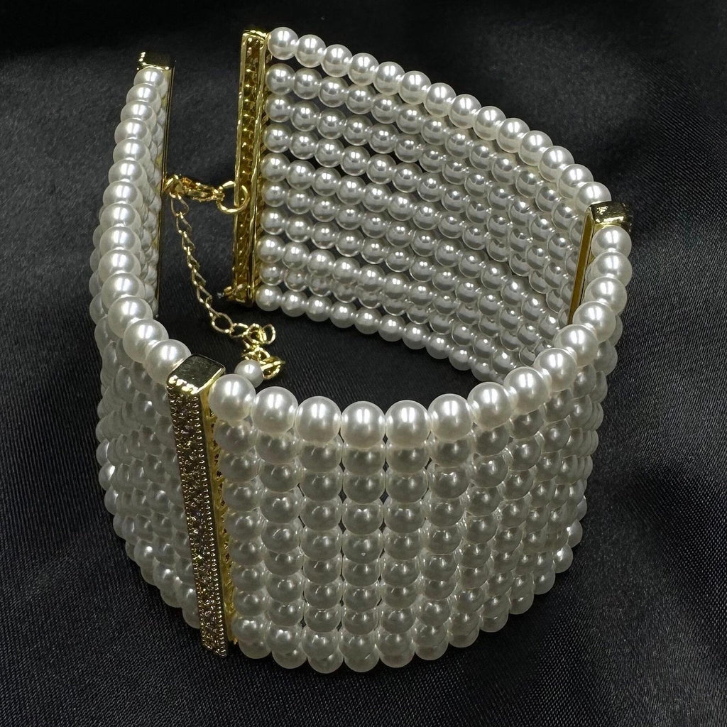 Pearl Bridal Wide Bracelet Wedding Jewelry Statement Elegant Accessory Rhinestone Detail Luxurious Design Multi Layer Boho Style Gothic