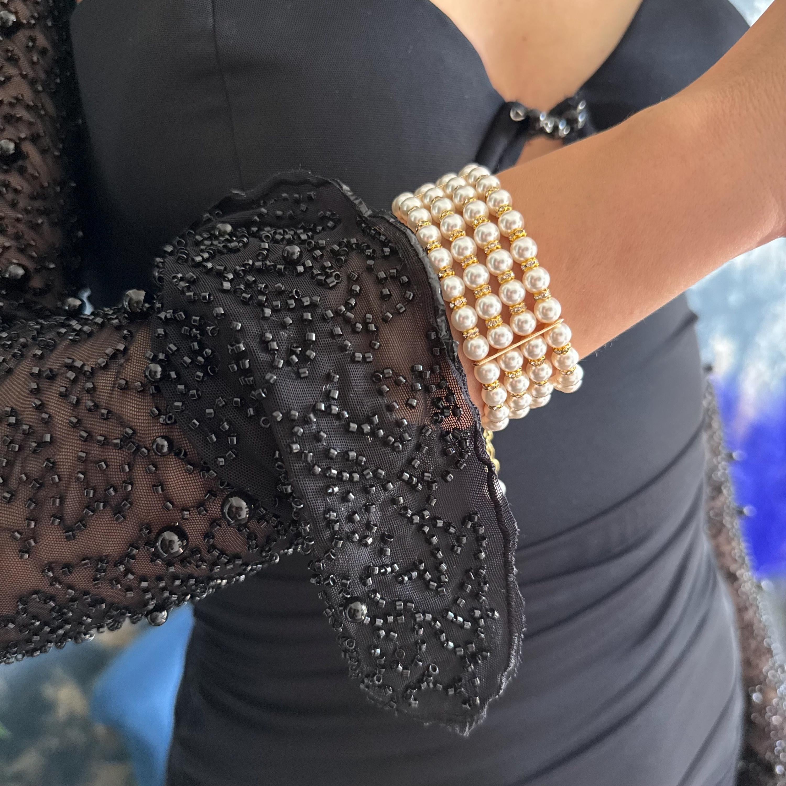 Layered Pearl Bracelet Wedding Accessory Bridal Jewelry Four Strand Design Crystal Pearls Rhinestone Details Gold Clasp Option Premium Quality Pearls Formal Occasion Wear Wedding Day Essential Bridal Collection Vintage Inspired Statement