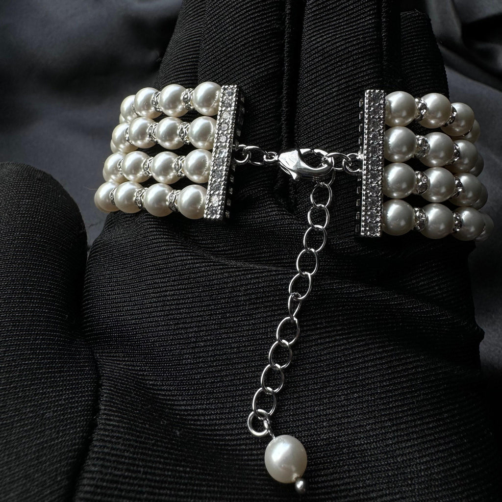 Layered Pearl Bracelet Rhinestone Bride Accessory Wedding Jewelry Formal Occasion Vintage Style Statement Piece Costume Jewellery Multi Row