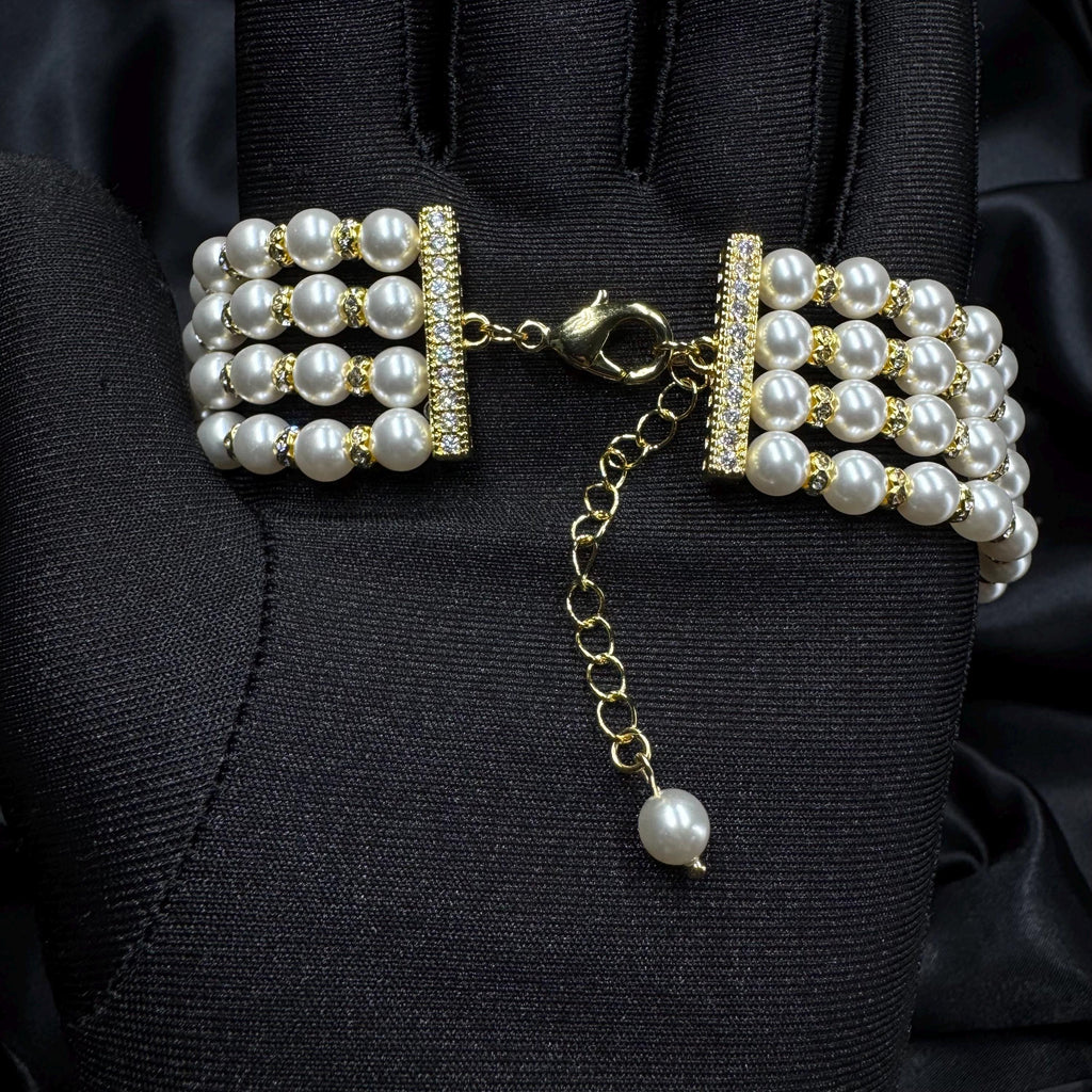 Layered Pearl Bracelet Rhinestone Bride Accessory Wedding Jewelry Formal Occasion Vintage Style Statement Piece Costume Jewellery Multi Row