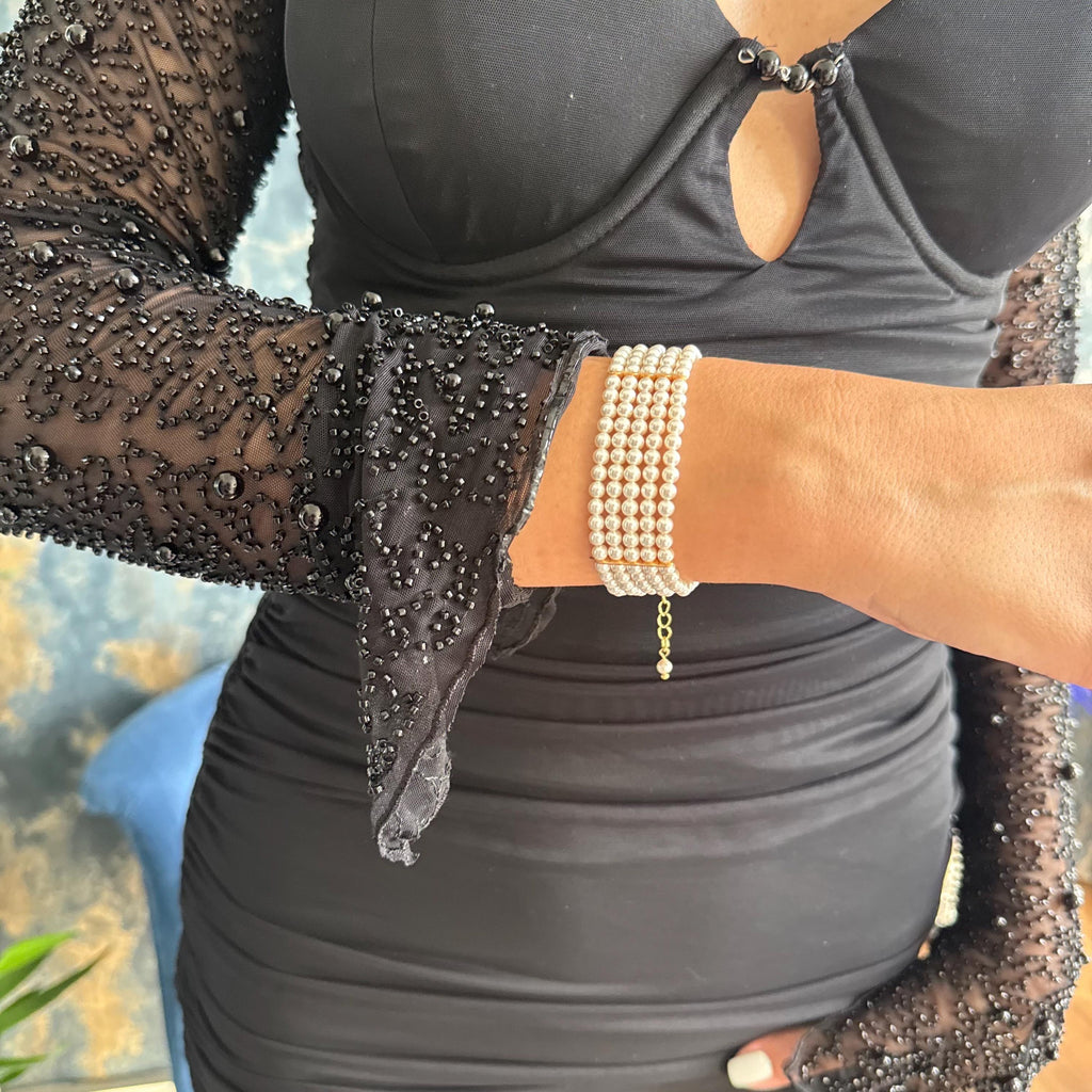Pearl Wedding Bracelet Bride Accessory White Layered Design Elegant Cuff Bridal Jewelry Handmade Piece Dainty Wristlet Formal Event Crystal Pearls Luminous Multistrand Lightweight Comfortable Wedding Day Special Occasion Classic Timeless