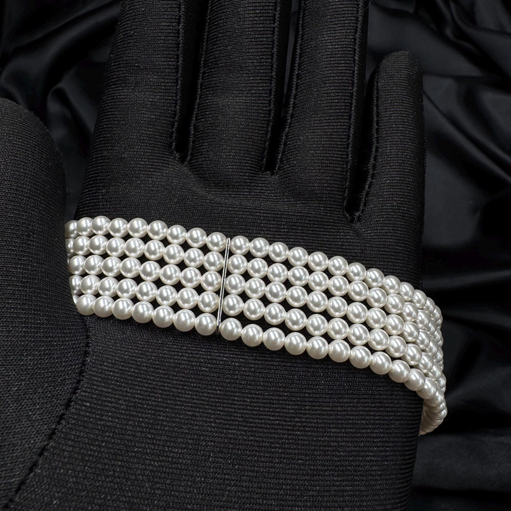 Pearl Wedding Bracelet Bride Accessory White Layered Design Elegant Cuff Bridal Jewelry Handmade Piece Dainty Wristlet Formal Event Crystal