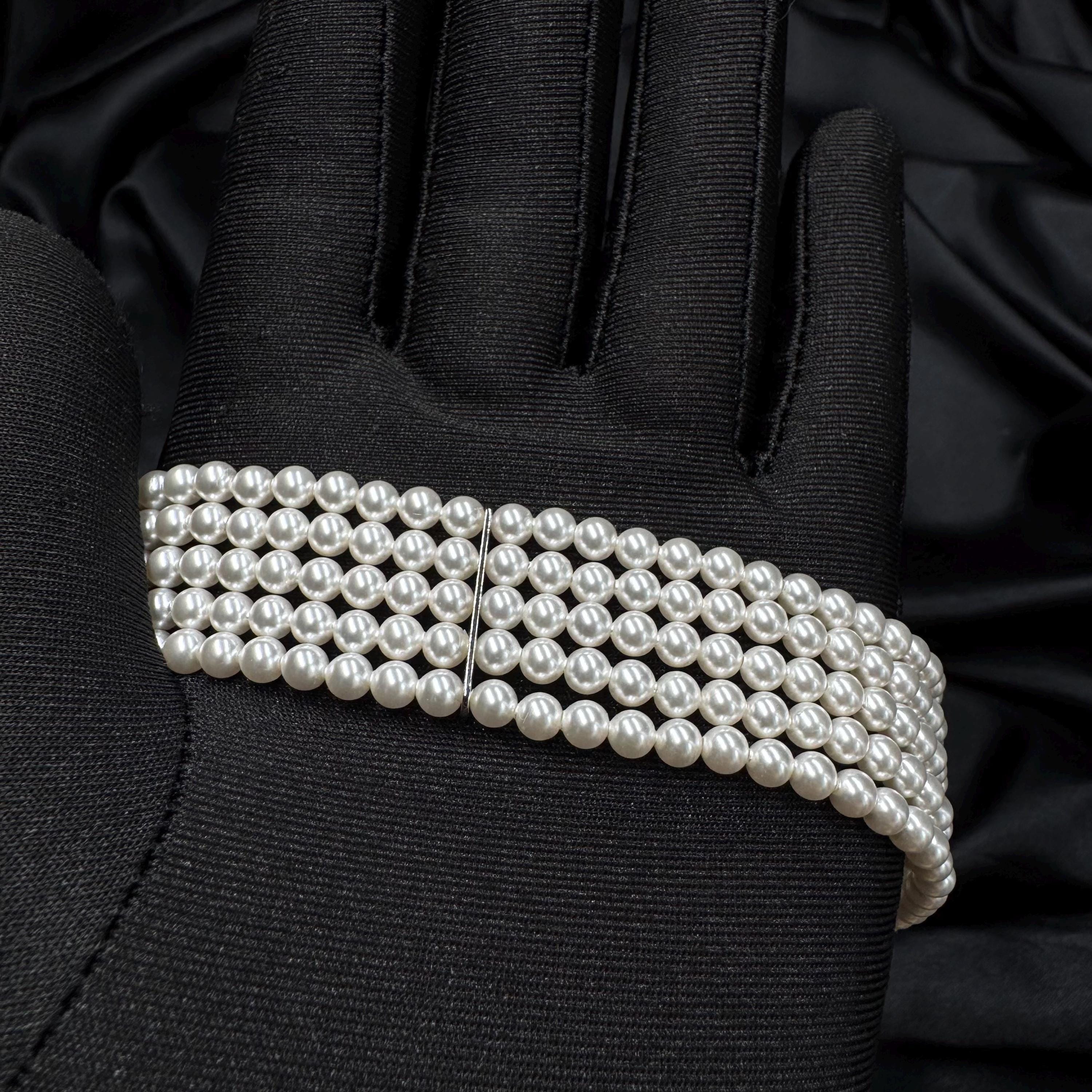 Pearl Wedding Bracelet Bride Accessory White Layered Design Elegant Cuff Bridal Jewelry Handmade Piece Dainty Wristlet Formal Event Crystal
