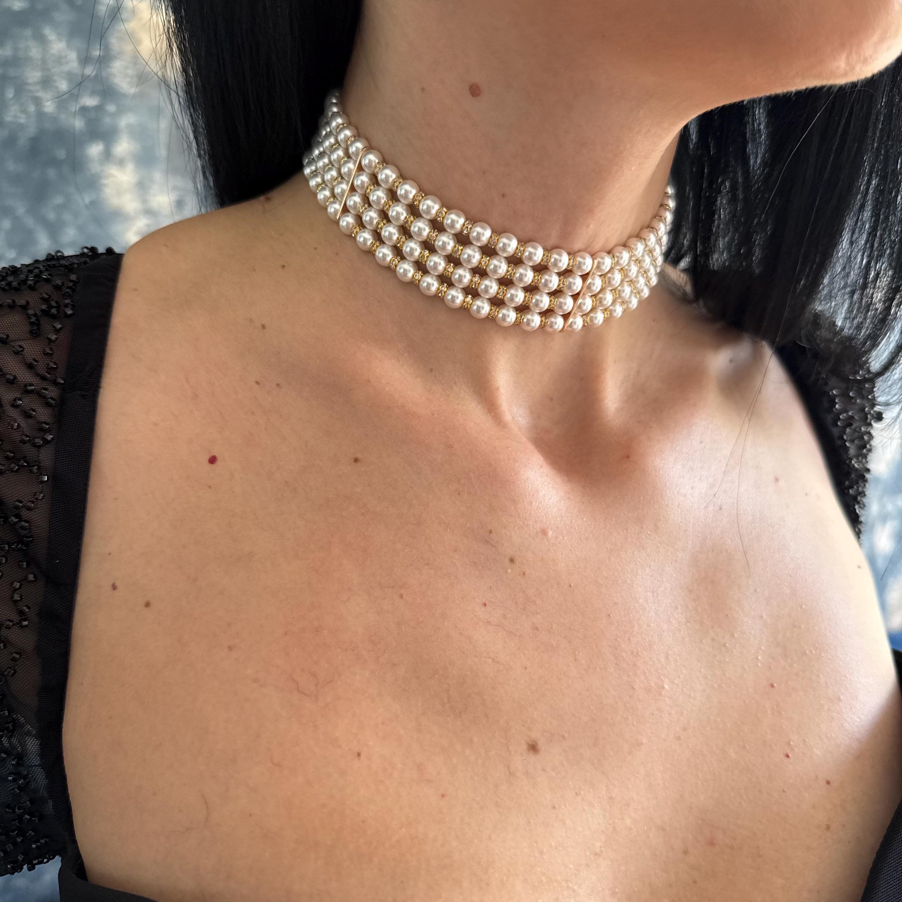 Layered Pearl Choker Necklace Bridal Statement Crystal Jewelry Wedding Accessory White Multi Strand Rhinestone Elegance Formal Tiered Design
